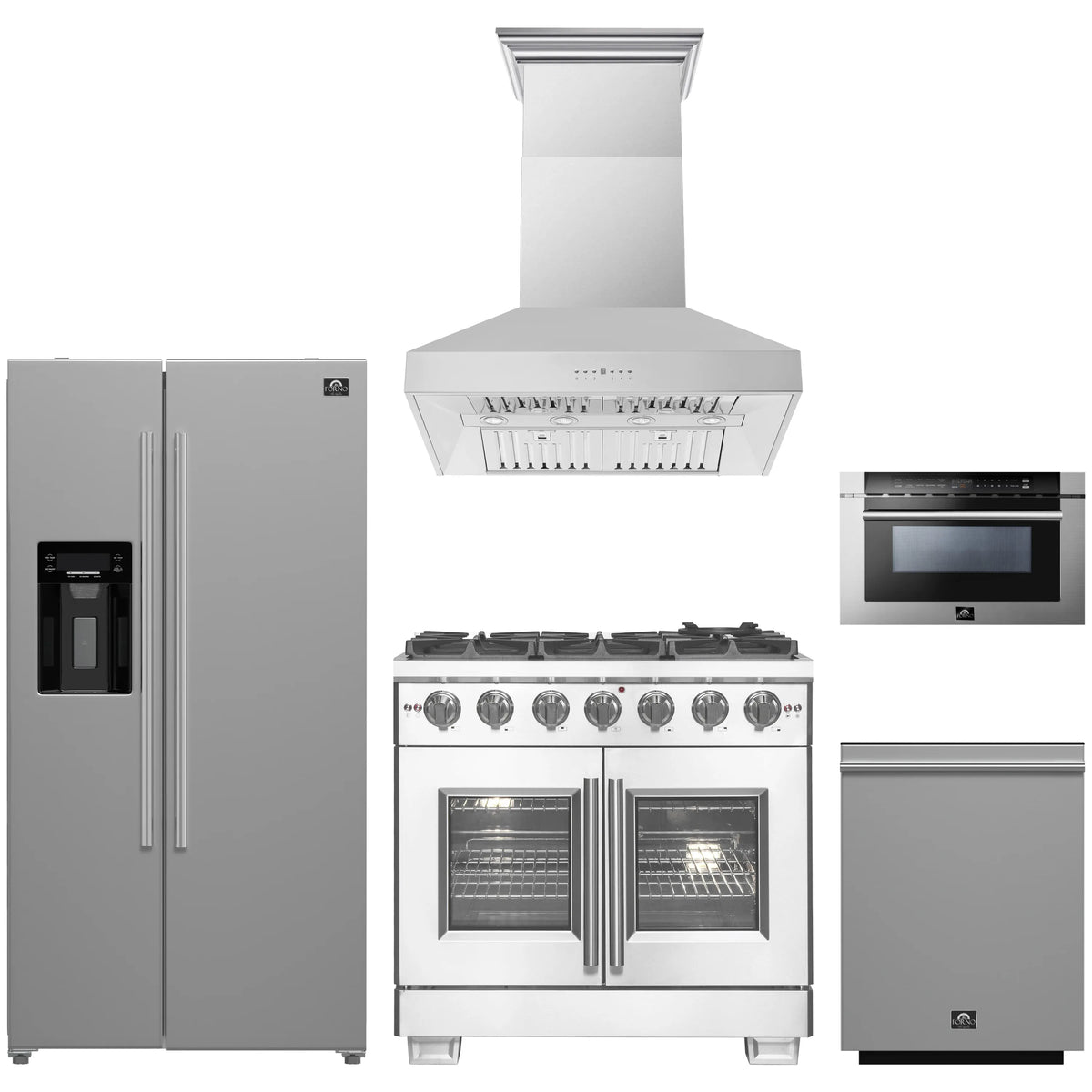 Forno 5-Piece Pro Appliance Package - 36-Inch Gas Range, Refrigerator with Water Dispenser, Wall Mount Hood, 24-Inch Microwave Drawer, & 3-Rack Dishwasher in Stainless Steel
