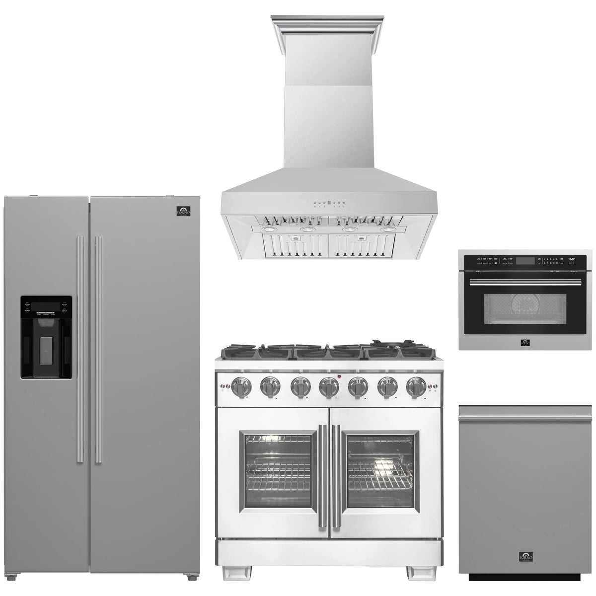 Forno 5-Piece Pro Appliance Package - 36-Inch Gas Range, Refrigerator with Water Dispenser, Wall Mount Hood, 24-Inch Microwave Oven, & 3-Rack Dishwasher in Stainless Steel