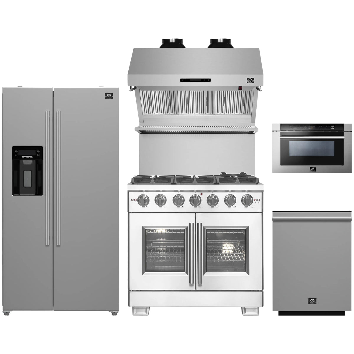 Forno 5-Piece Pro Appliance Package - 36-Inch Gas Range, Refrigerator with Water Dispenser, Wall Mount Hood with Backsplash, 24-Inch Microwave Drawer, & 3-Rack Dishwasher in Stainless Steel