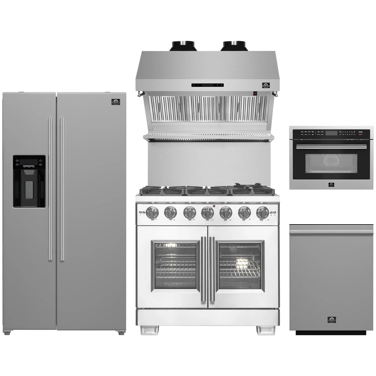 Forno 5-Piece Pro Appliance Package - 36-Inch Gas Range, Refrigerator with Water Dispenser, Wall Mount Hood with Backsplash, 24-Inch Microwave Oven, & 3-Rack Dishwasher in Stainless Steel