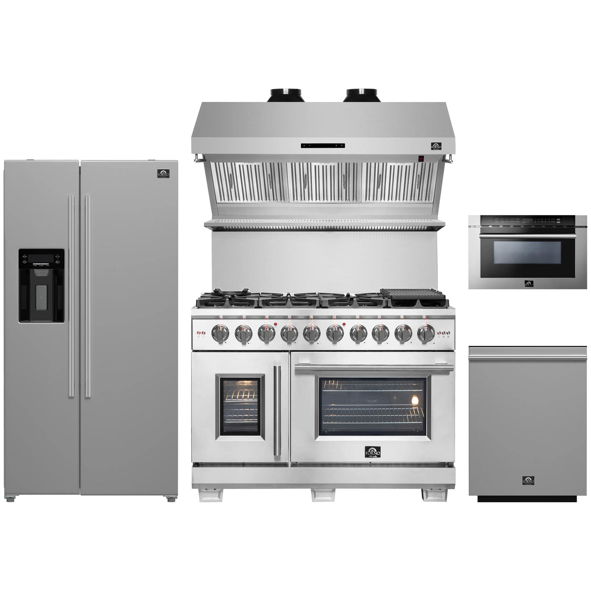 Forno 5-Piece Pro Appliance Package - 48-Inch Gas Range, Refrigerator with Water Dispenser, Wall Mount Hood with Backsplash, 24-Inch Microwave Drawer, & 3-Rack Dishwasher in Stainless Steel