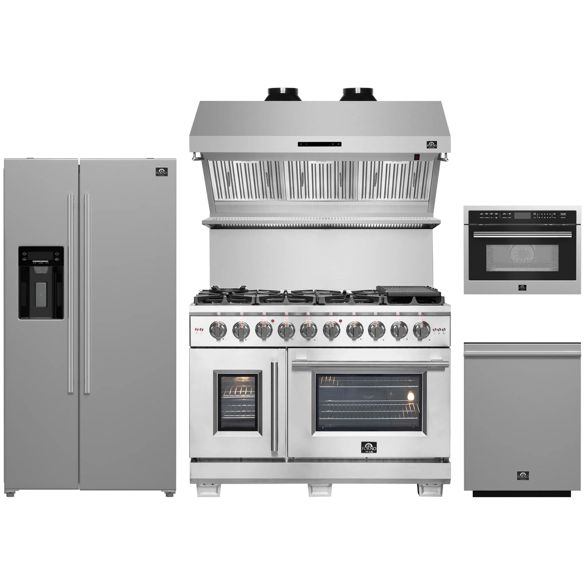 Forno 5-Piece Pro Appliance Package - 48-Inch Gas Range, Refrigerator with Water Dispenser, Wall Mount Hood with Backsplash, 24-Inch Microwave Oven, & 3-Rack Dishwasher in Stainless Steel