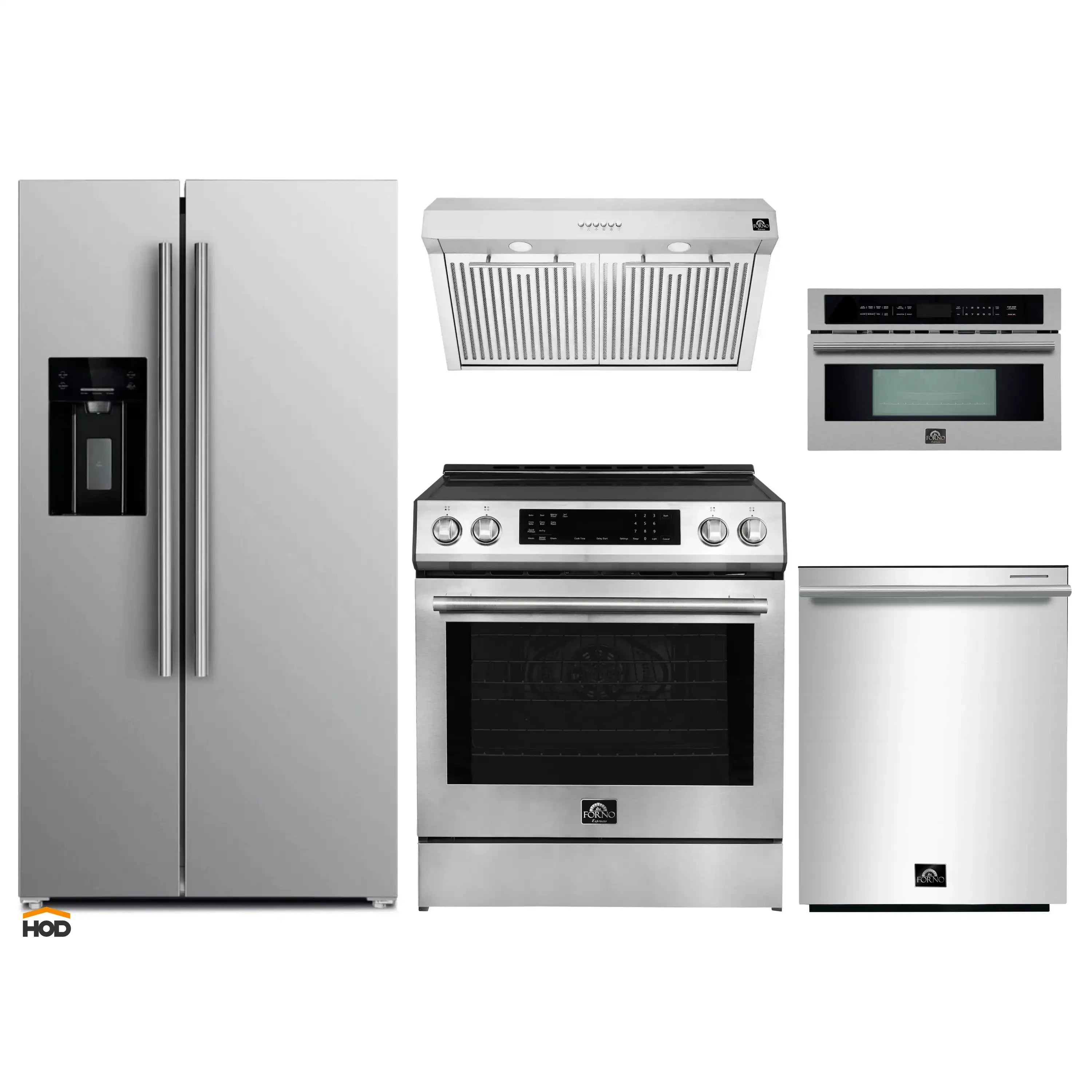 Stainless steel kitchen appliance set with refrigerator, range, hood, and dishwasher