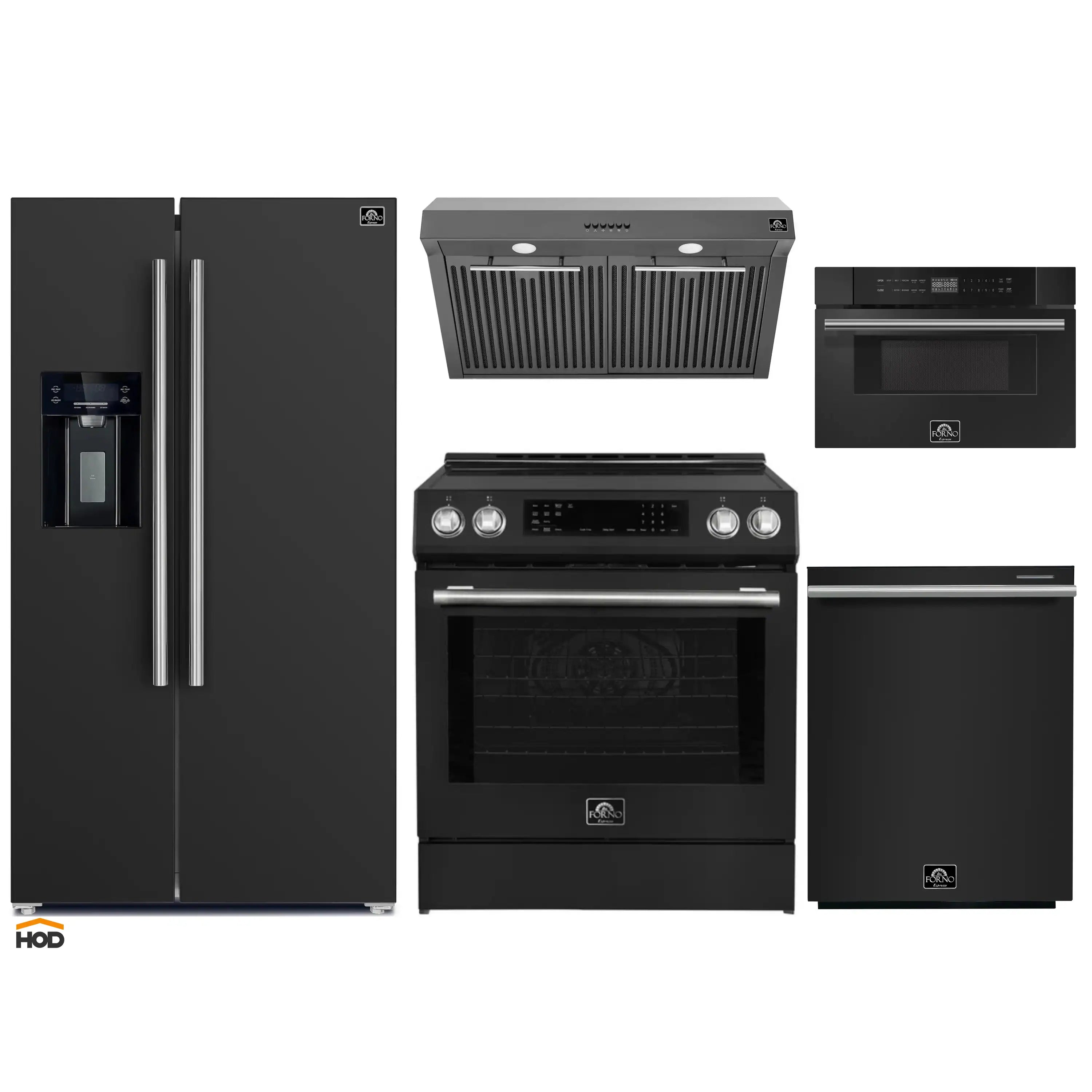 Black appliance package set with refrigerator, induction range, and built-in ovens