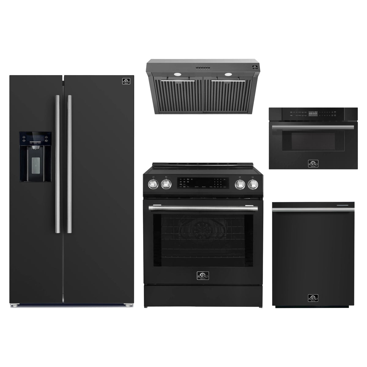 Forno 5-Piece Appliance Package - 30-Inch Induction Range, Under Cabinet Range Hood, Refrigerator with Water Dispenser, Dishwasher, and 30-Inch Microwave Drawer in Black with Stainless Steel Trim