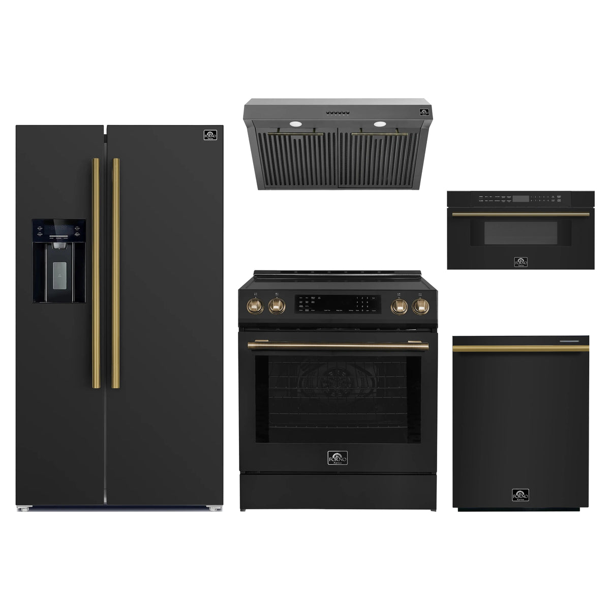 Forno 5-Piece Appliance Package - 30-Inch Induction Range, Under Cabinet Range Hood, Refrigerator with Water Dispenser, Dishwasher, and 30-Inch Microwave Drawer in Black with Antique Brass Trim