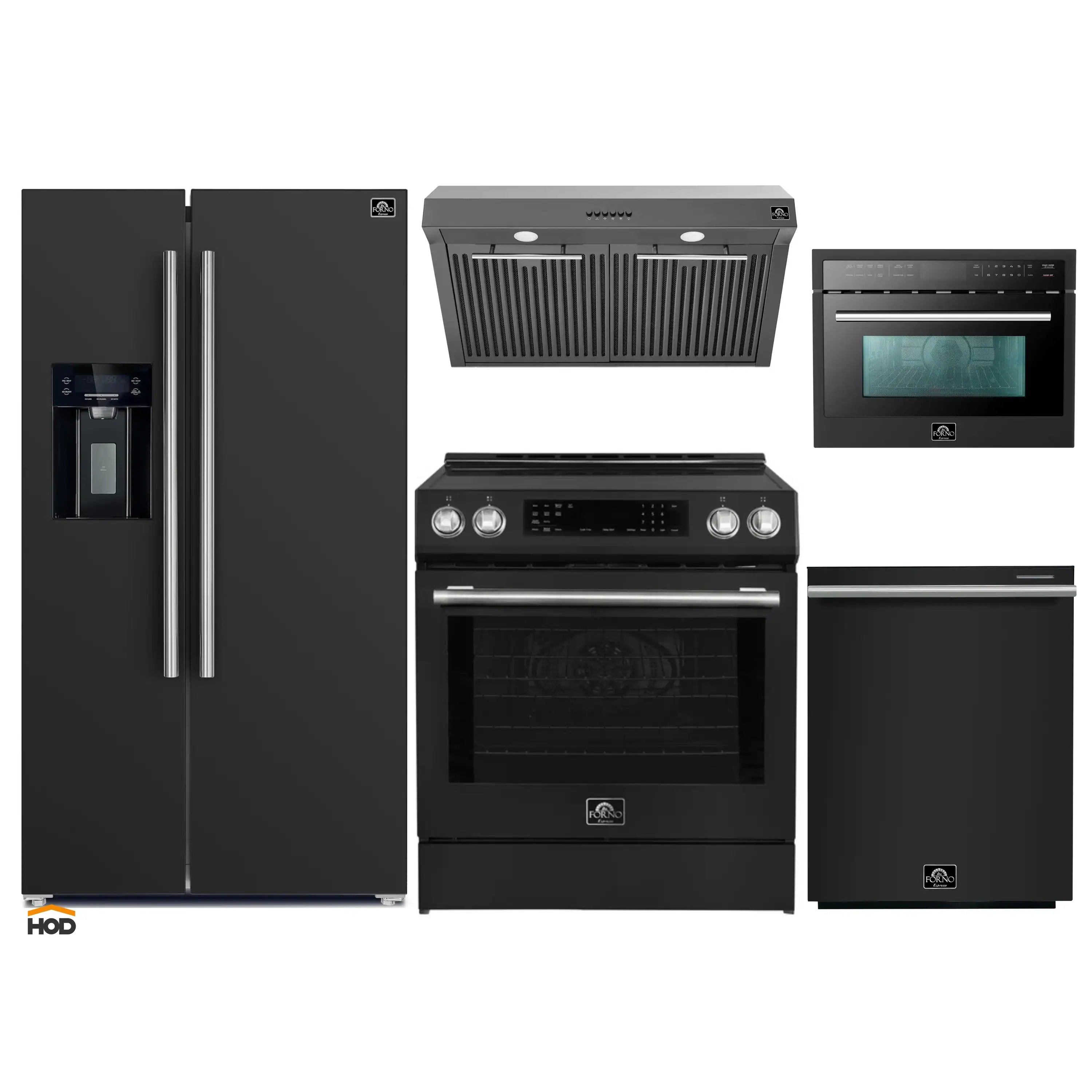Black kitchen appliance package with refrigerator, range, range hood, dishwasher, and ovens