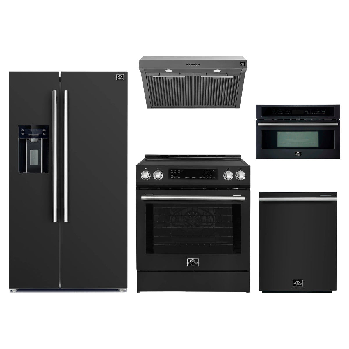 Forno 5-Piece Appliance Package - 30-Inch Induction Range, Under Cabinet Range Hood, Refrigerator with Water Dispenser, Dishwasher, and 30-Inch Microwave Oven in Black with Stainless Steel Trim