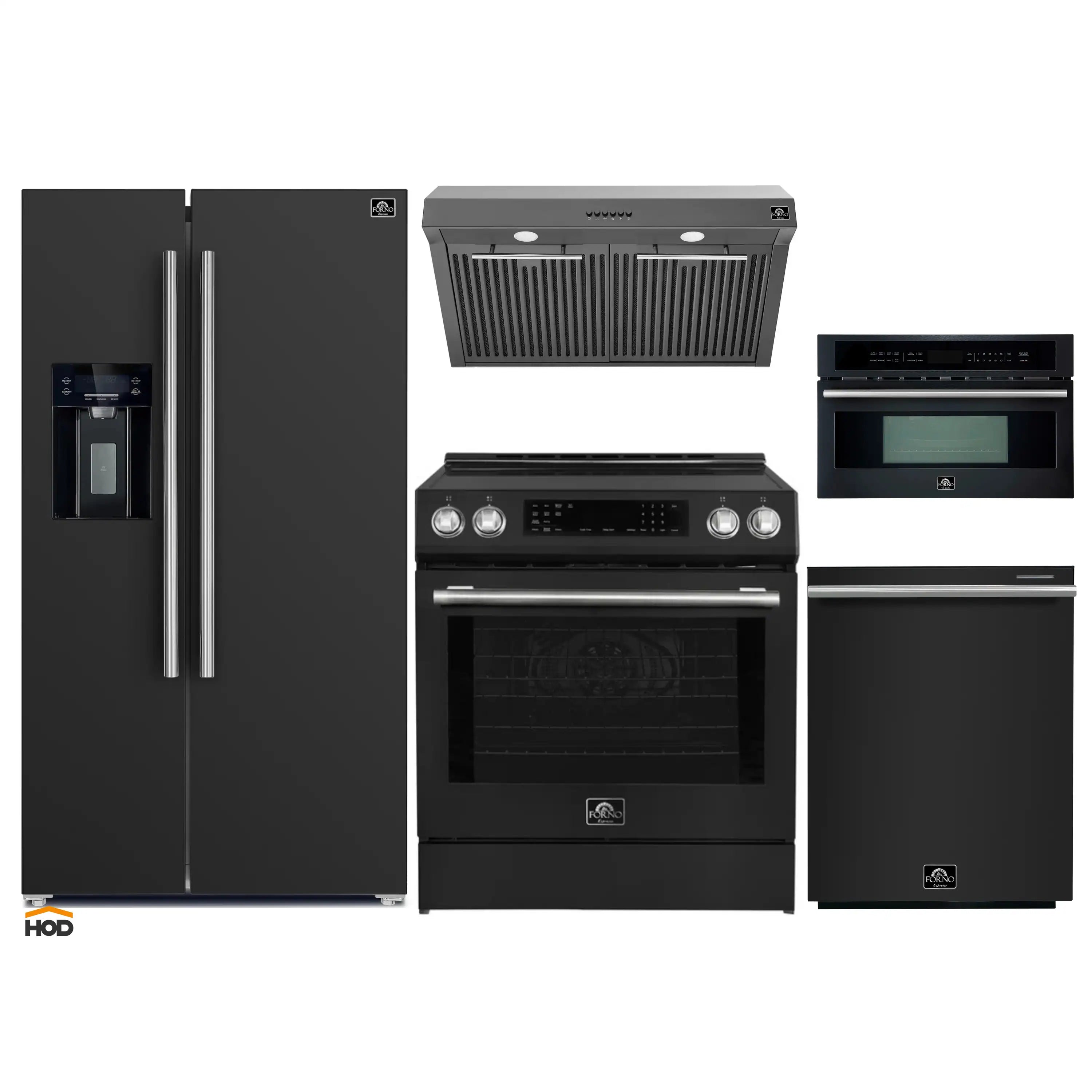 Black appliance set with stainless trim: range, hood, microwave, dishwasher, fridge