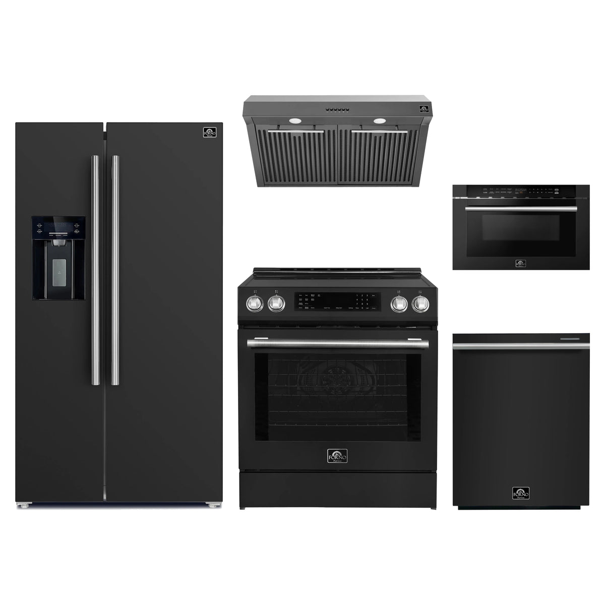 Forno 5-Piece Appliance Package - 30-Inch Induction Range, Under Cabinet Range Hood, Refrigerator with Water Dispenser, Dishwasher, and Microwave Drawer in Black with Stainless Steel Trim