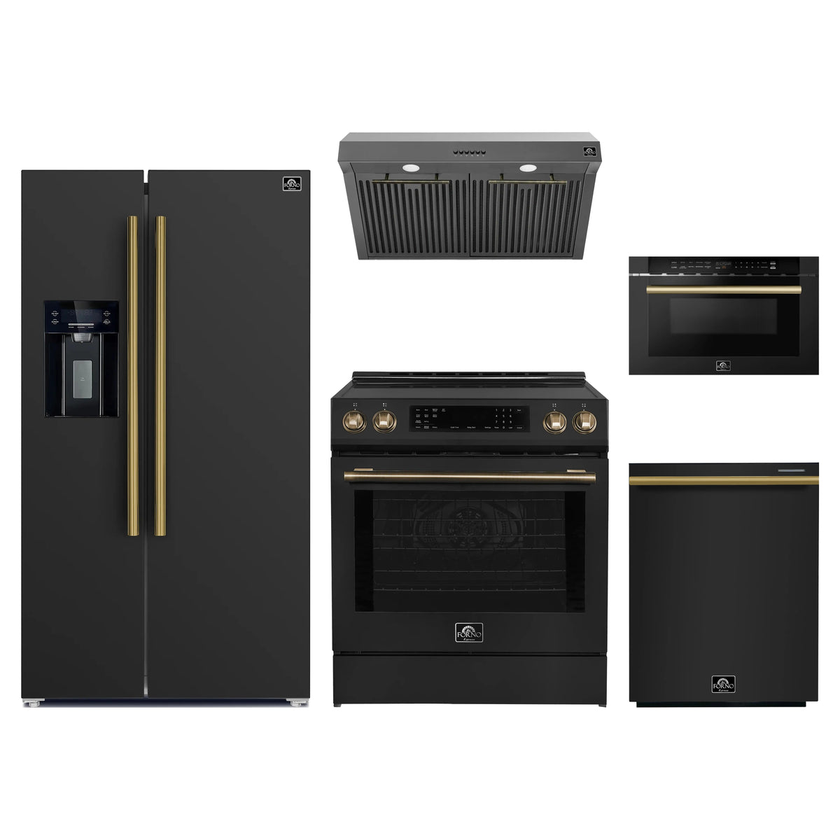 Forno 5-Piece Appliance Package - 30-Inch Induction Range, Under Cabinet Range Hood, Refrigerator with Water Dispenser, Dishwasher, and Microwave Drawer in Black with Antique Brass Trim