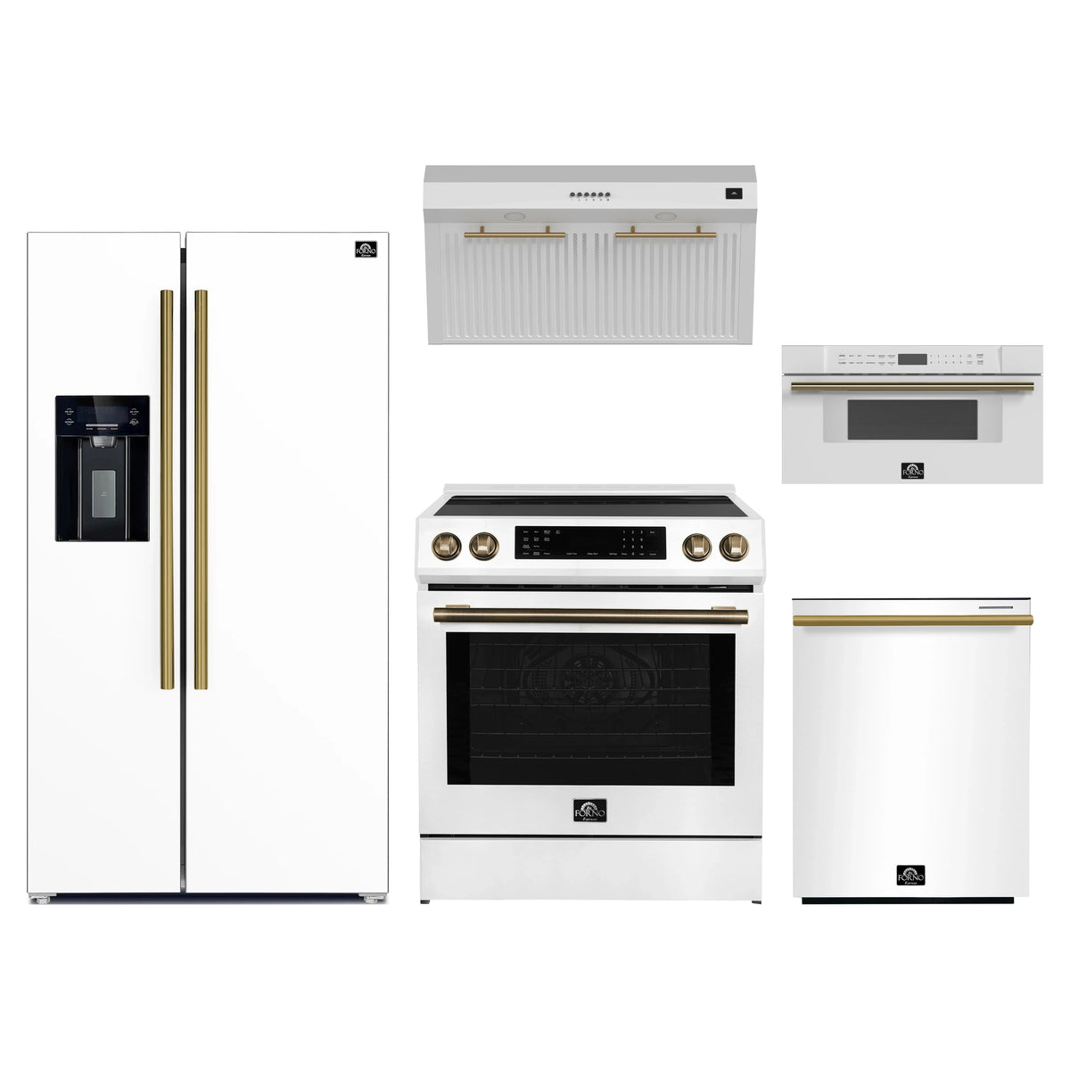 Forno 5-Piece Appliance Package - 30-Inch Induction Range, Under Cabinet Range Hood, Refrigerator with Water Dispenser, Dishwasher, and 30-Inch Microwave Drawer in White with Antique Brass Trim
