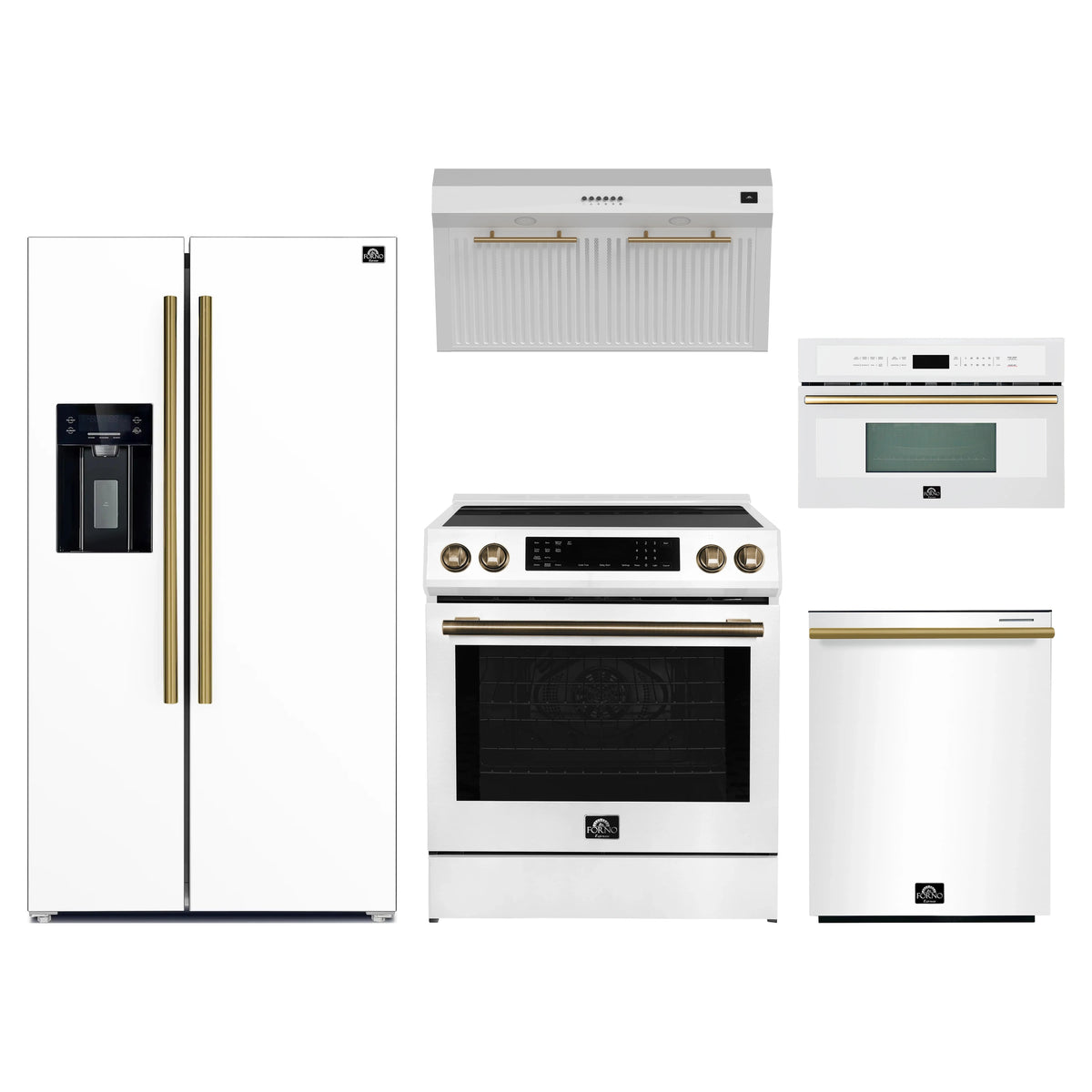 Forno 5-Piece Appliance Package - 30-Inch Induction Range, Under Cabinet Range Hood, Refrigerator with Water Dispenser, Dishwasher, and 30-Inch Microwave Oven in White with Antique Brass Trim
