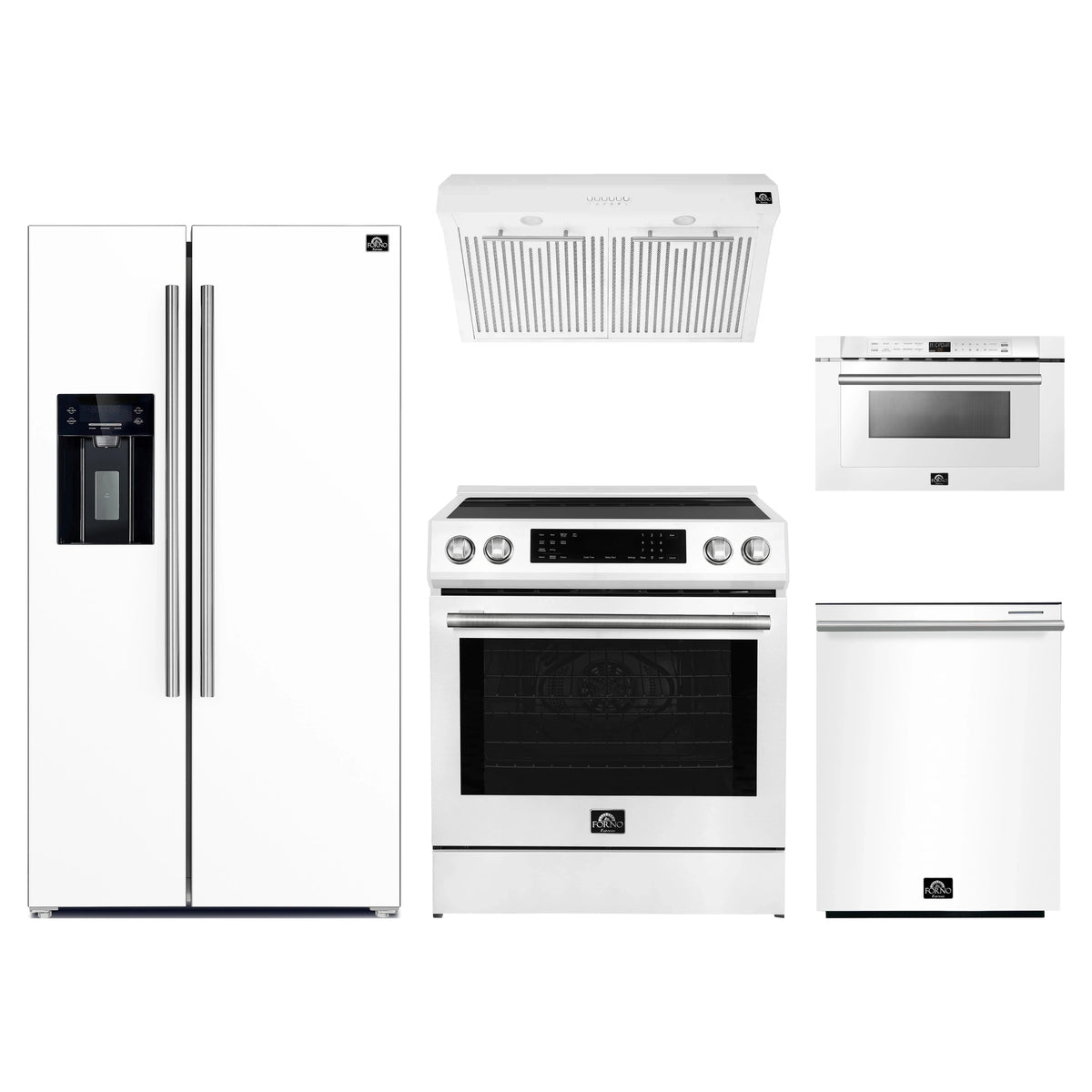 Forno 5-Piece Appliance Package - 30-Inch Induction Range, Under Cabinet Range Hood, Refrigerator with Water Dispenser, Dishwasher, and 24-Inch Microwave Drawer in White with Stainless Steel Trim