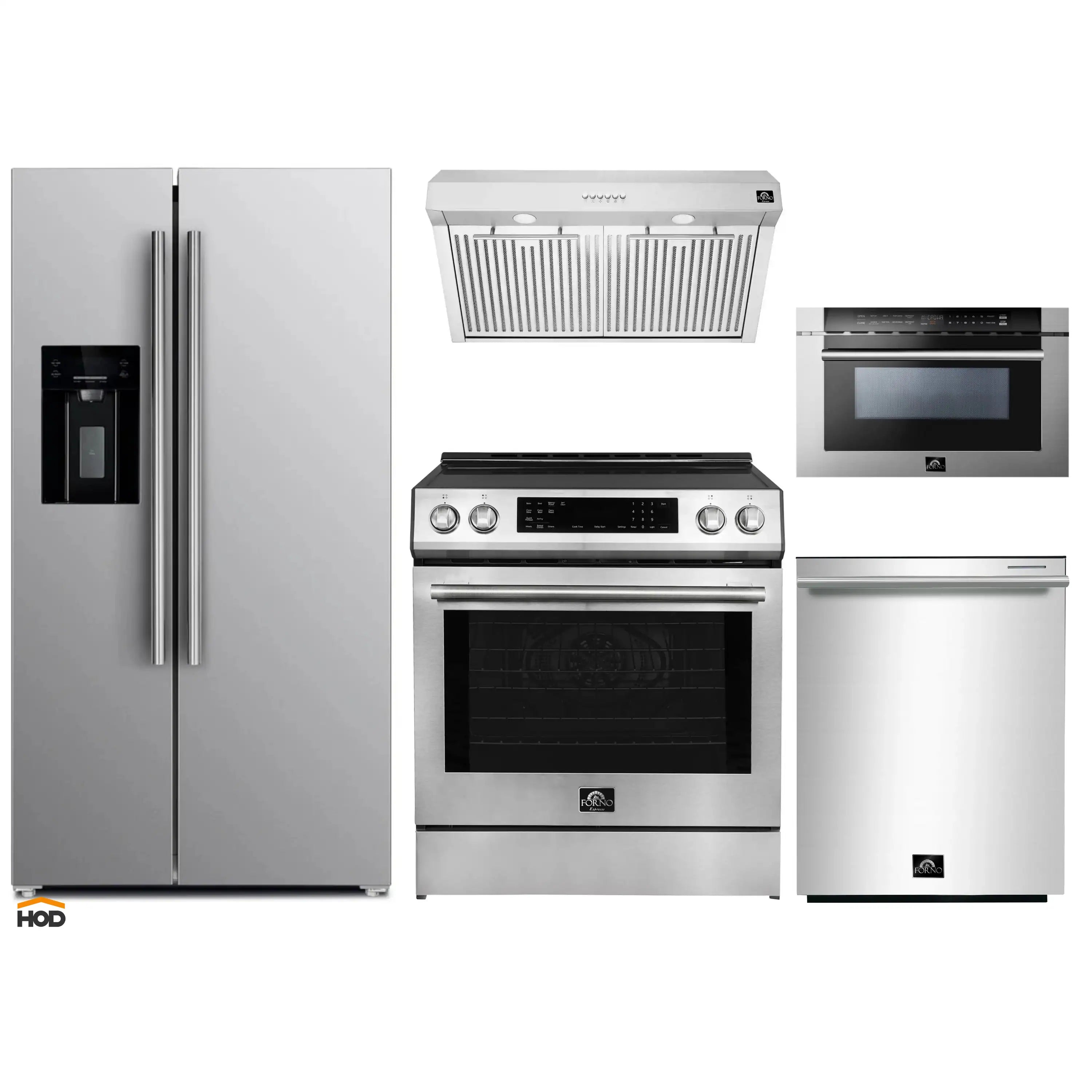Stainless steel kitchen appliance set with refrigerator, range, hood, and drawers