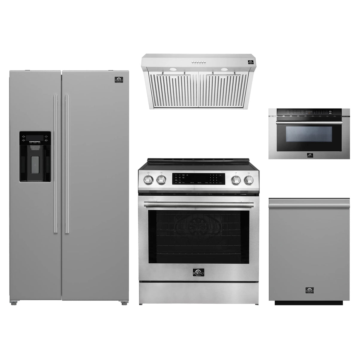 Forno 5-Piece Appliance Package - 30-Inch Induction Range, Under Cabinet Range Hood, Refrigerator with Water Dispenser, Dishwasher, and Microwave Drawer in Stainless Steel