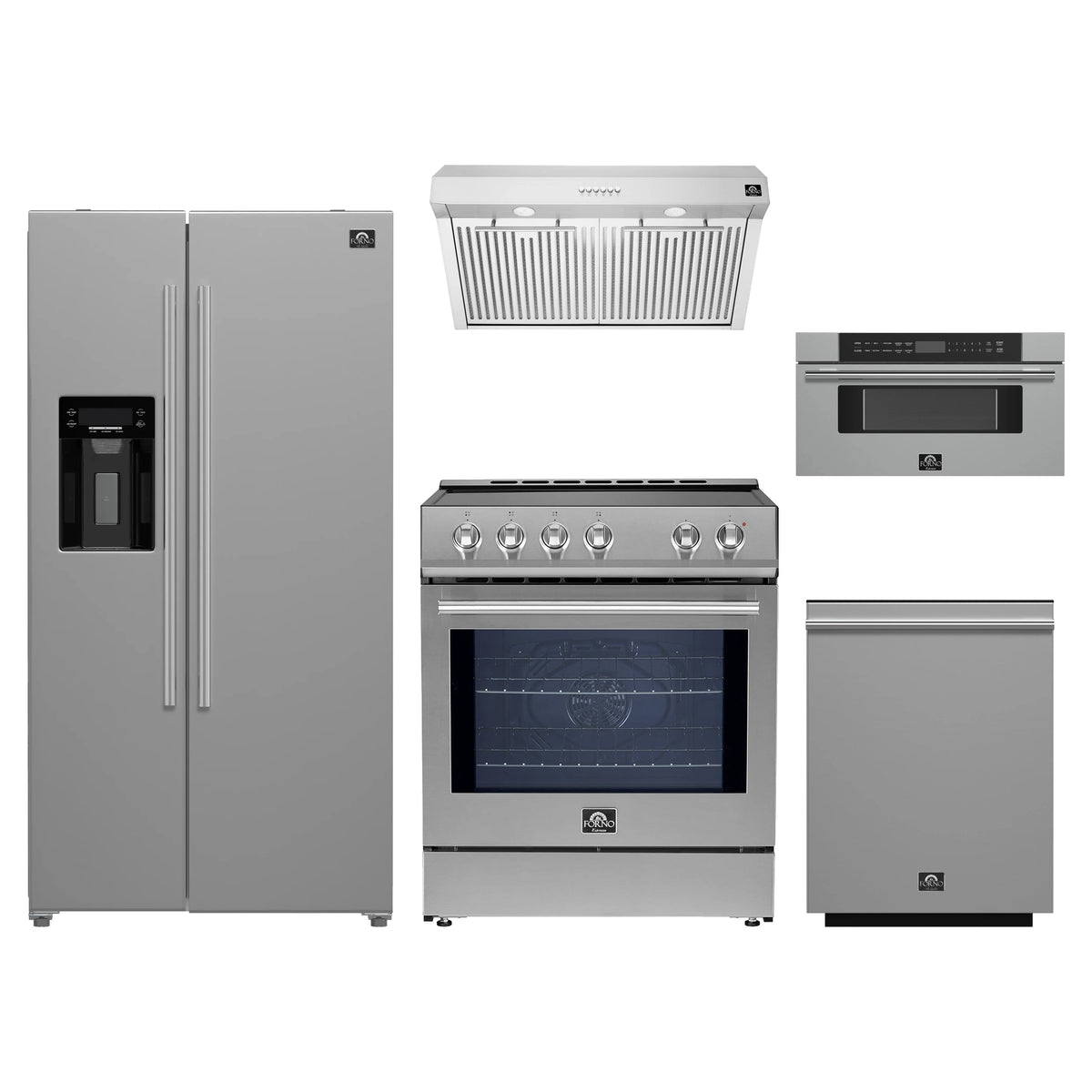 Forno 5-Piece Appliance Package - 30-Inch Induction Range, Under Cabinet Range Hood, Refrigerator with Water Dispenser, Dishwasher, and 30-Inch Microwave Drawer in Stainless Steel