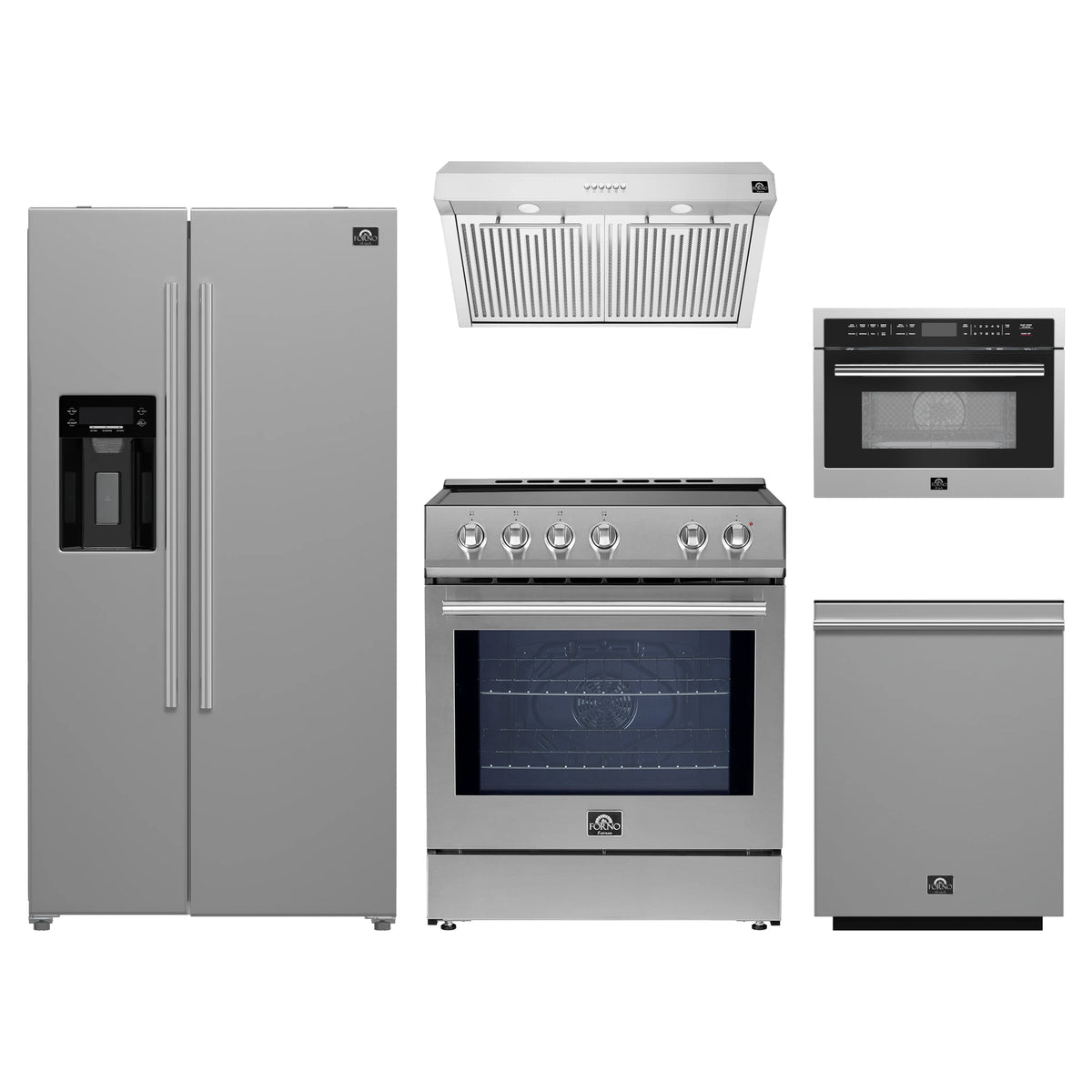 Forno 5-Piece Appliance Package - 30-Inch Induction Range, Under Cabinet Range Hood, Refrigerator with Water Dispenser, Dishwasher, and 24-Inch Microwave Oven in Stainless Steel