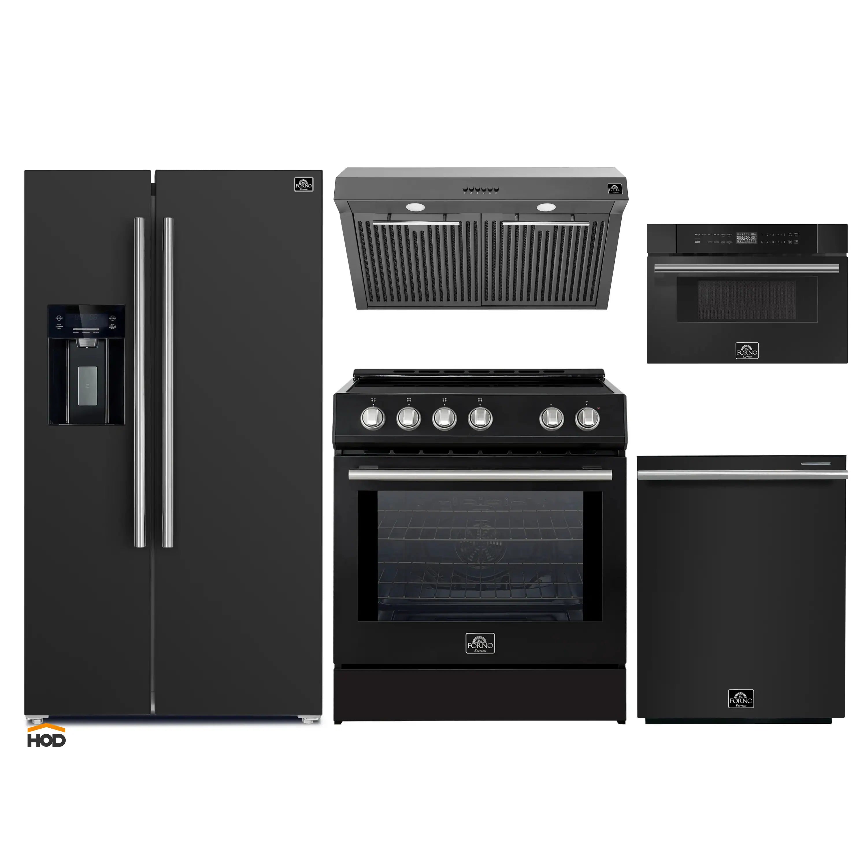 Black kitchen appliance package: refrigerator, range, hood, dishwasher, and microwave drawer