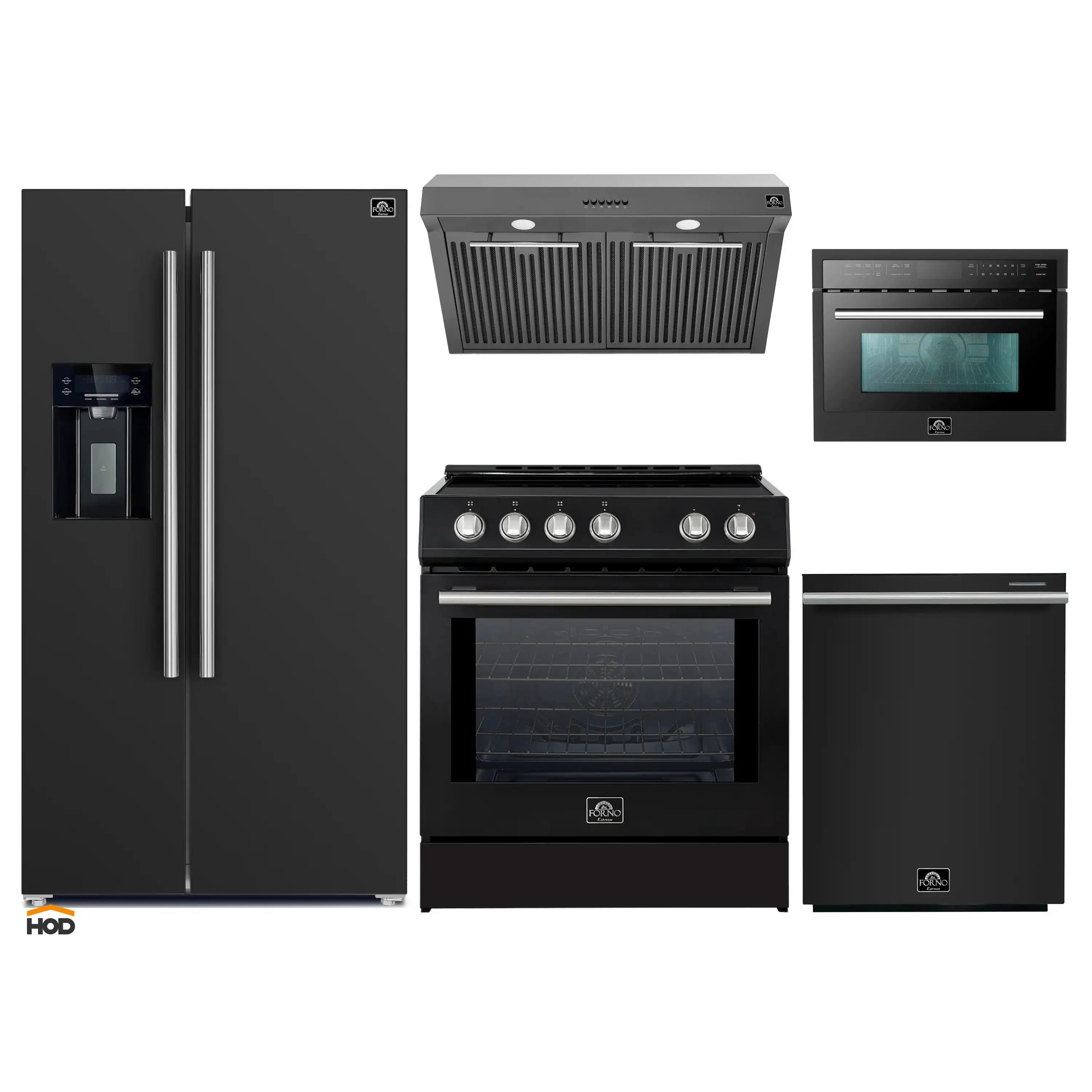 Black kitchen appliance set with refrigerator, range, hood, microwave, and dishwasher