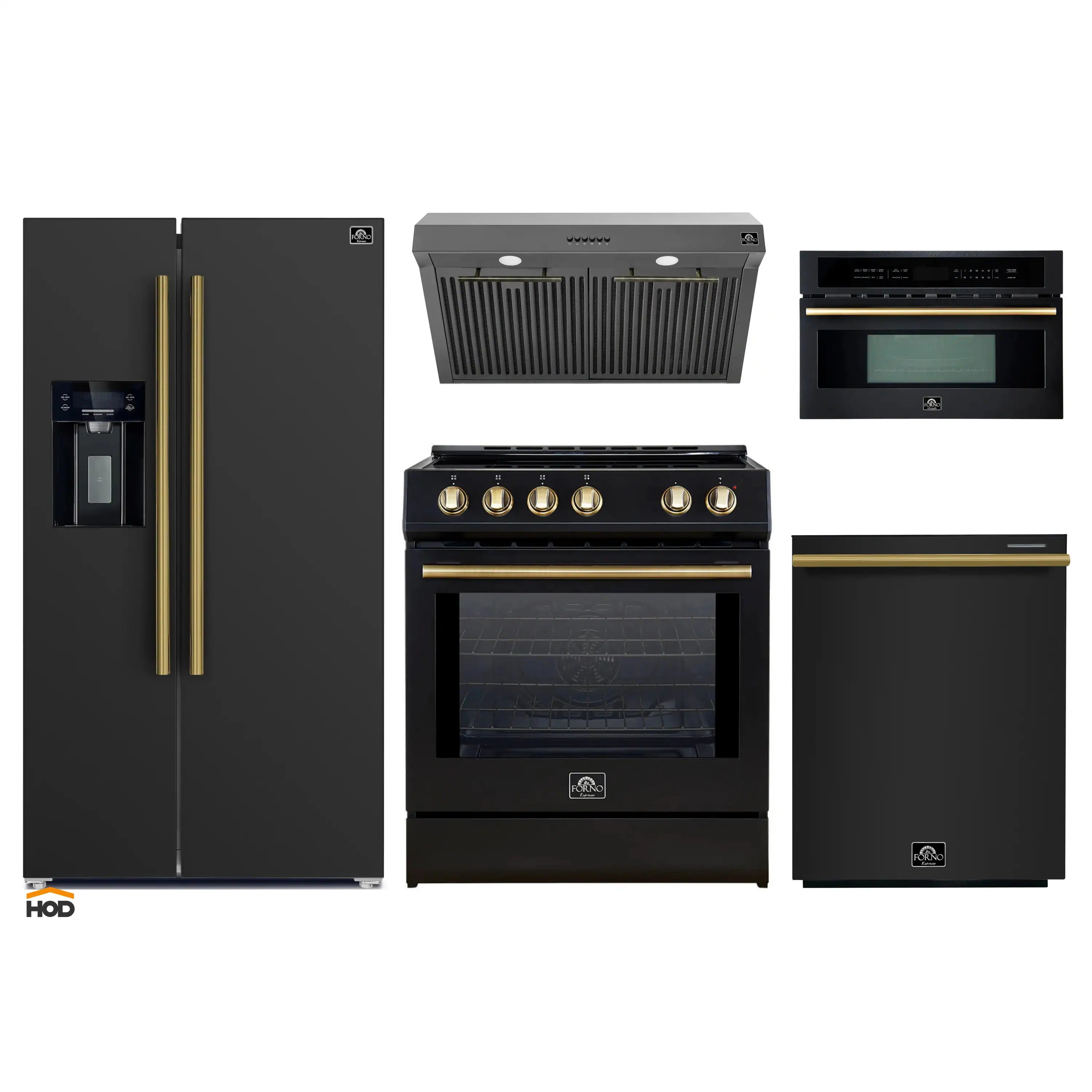 Black five-piece kitchen appliance set with refrigerator, range, microwave, dishwasher, hood