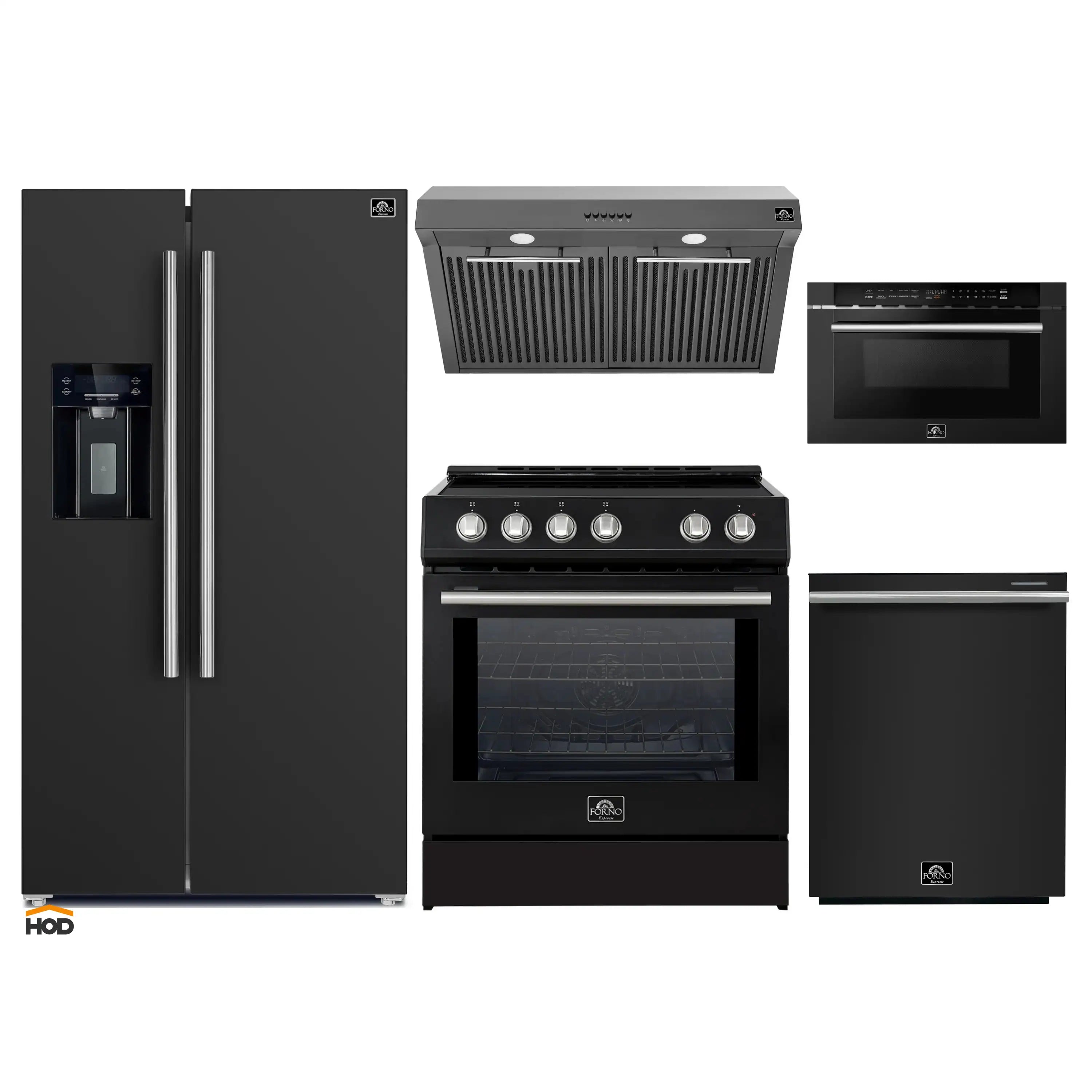 Black appliance set: French door refrigerator, range, hood, and microwave drawer