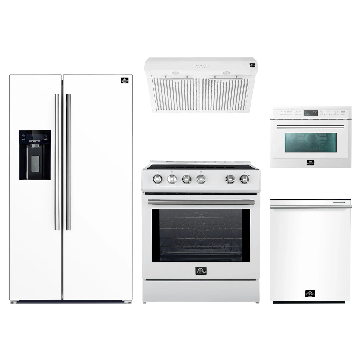Forno 5-Piece Appliance Package - 30-Inch Induction Range, Under Cabinet Range Hood, Refrigerator with Water Dispenser, Dishwasher, and 24-Inch Microwave Oven in White with Stainless Steel Trim