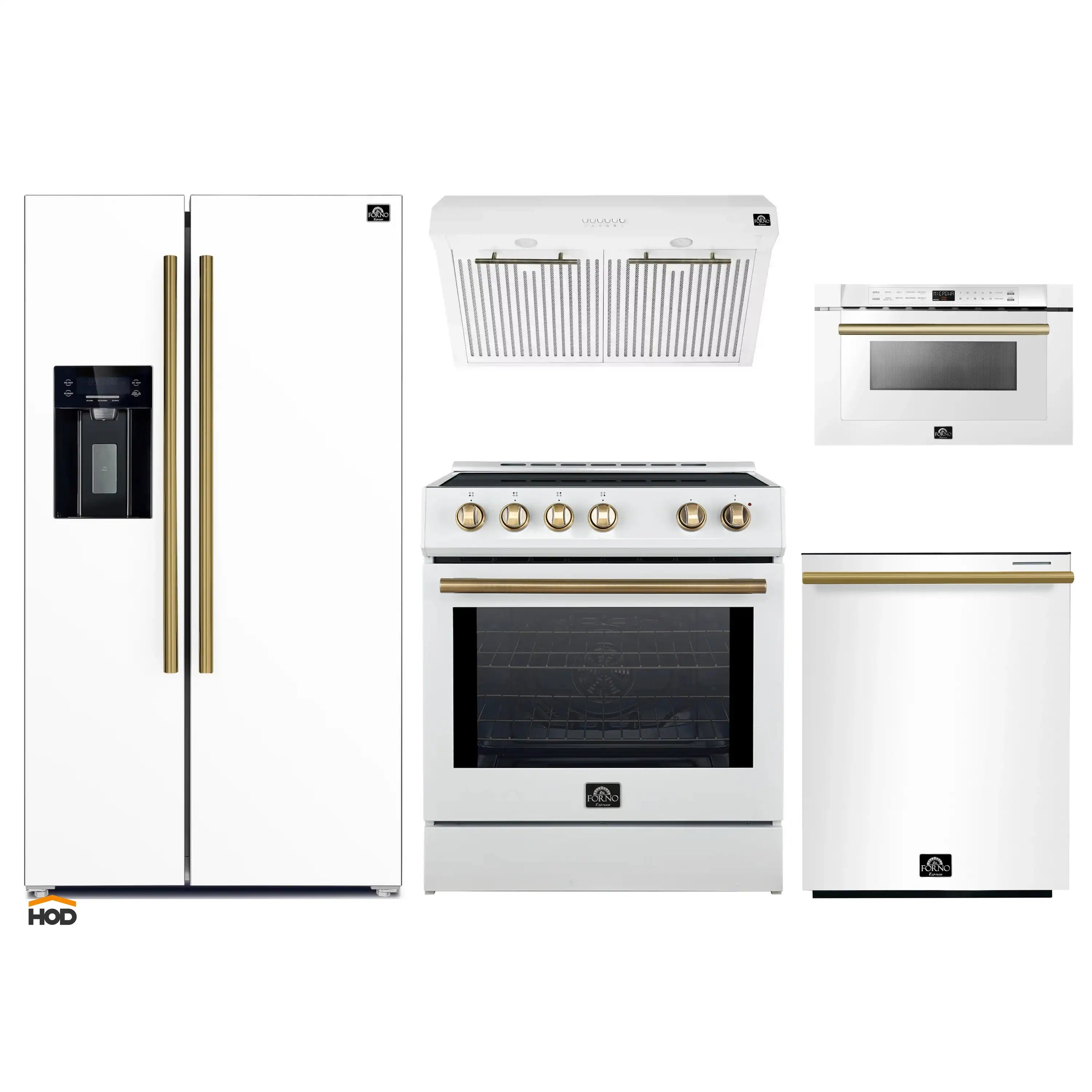 White appliance package with French-door refrigerator, induction range, and microwave drawer