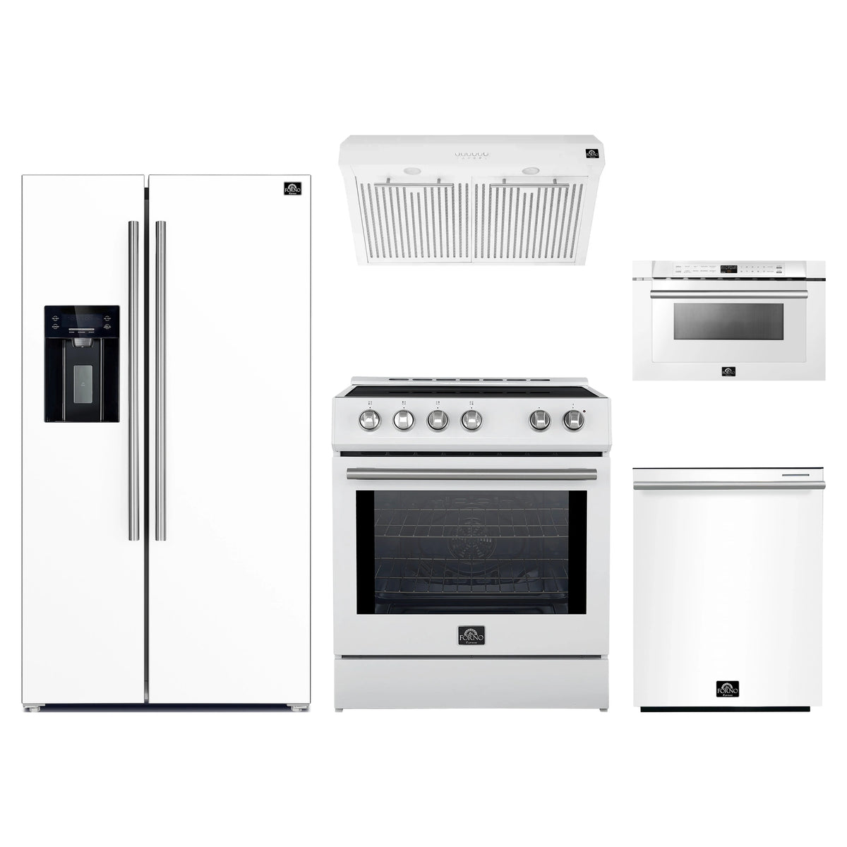 Forno 5-Piece Appliance Package - 30-Inch Induction Range, Under Cabinet Range Hood, Refrigerator with Water Dispenser, Dishwasher, and Microwave Drawer in White with Stainless Steel Trim