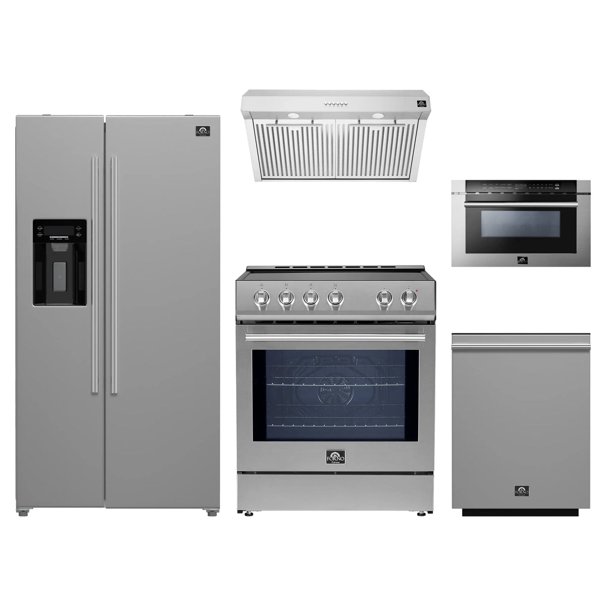 Forno 5-Piece Appliance Package - 30-Inch Induction Range, Under Cabinet Range Hood, Refrigerator with Water Dispenser, Dishwasher, and Microwave Drawer in Stainless Steel