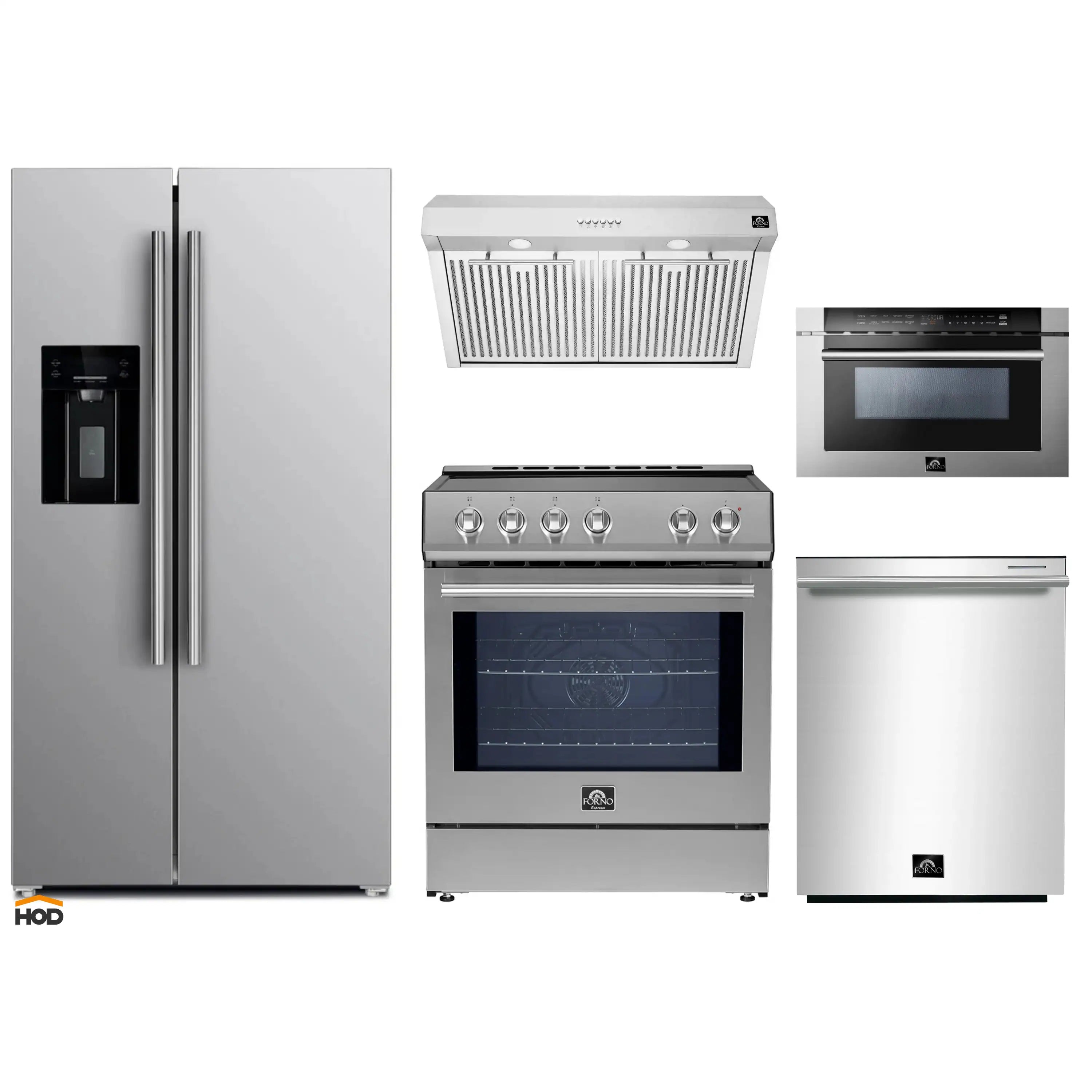 Stainless steel appliance set: French door refrigerator, induction range, dishwasher, microwave