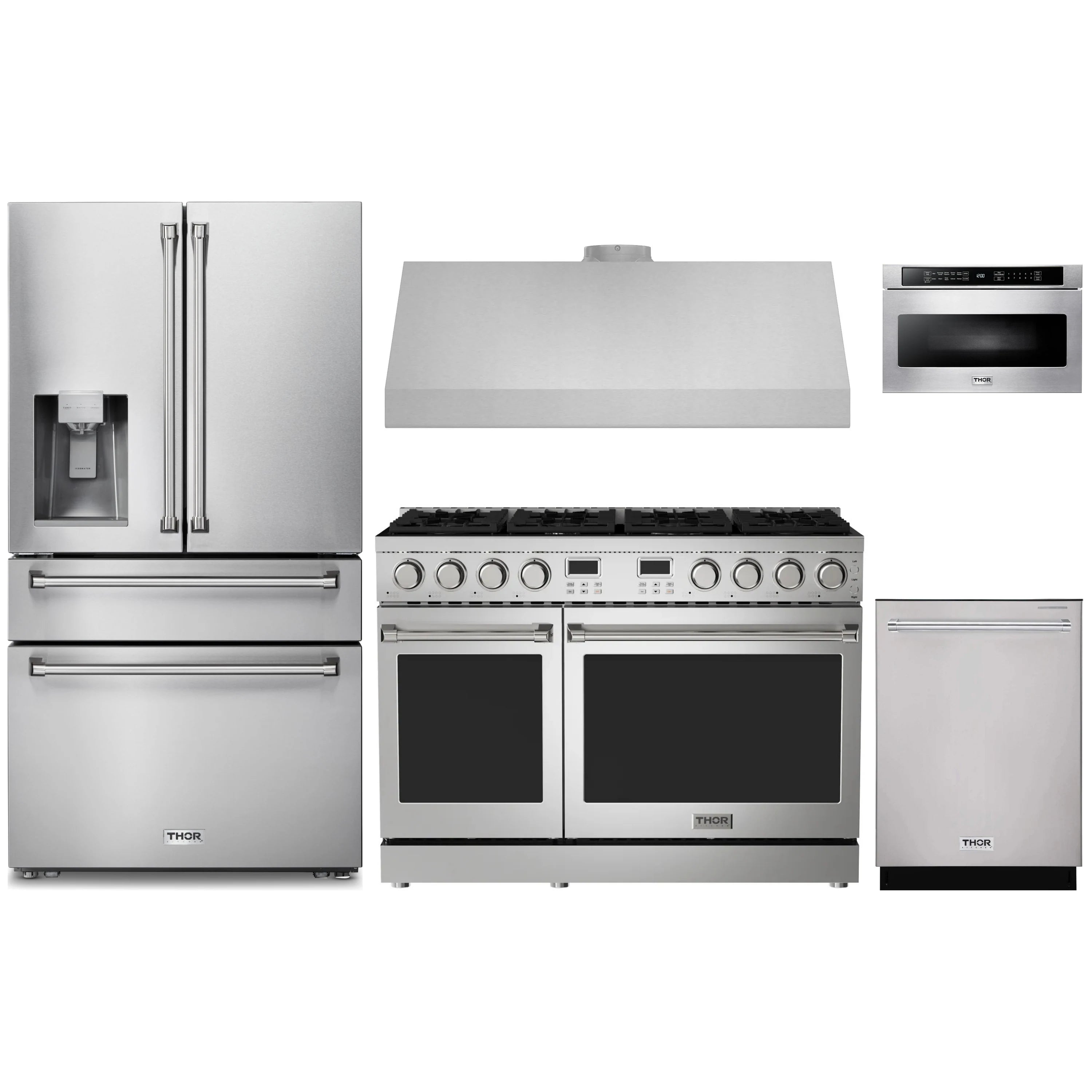 Stainless steel 5-piece appliance package: refrigerator, gas range, microwave, dishwasher, hood