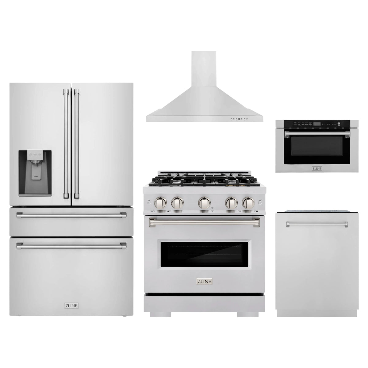 ZLINE 5-Piece Appliance Package - 30-Inch Dual Fuel Range, Hood, Refrigerator with Water Dispenser, Dishwasher, and Microwave Drawer in Stainless Steel