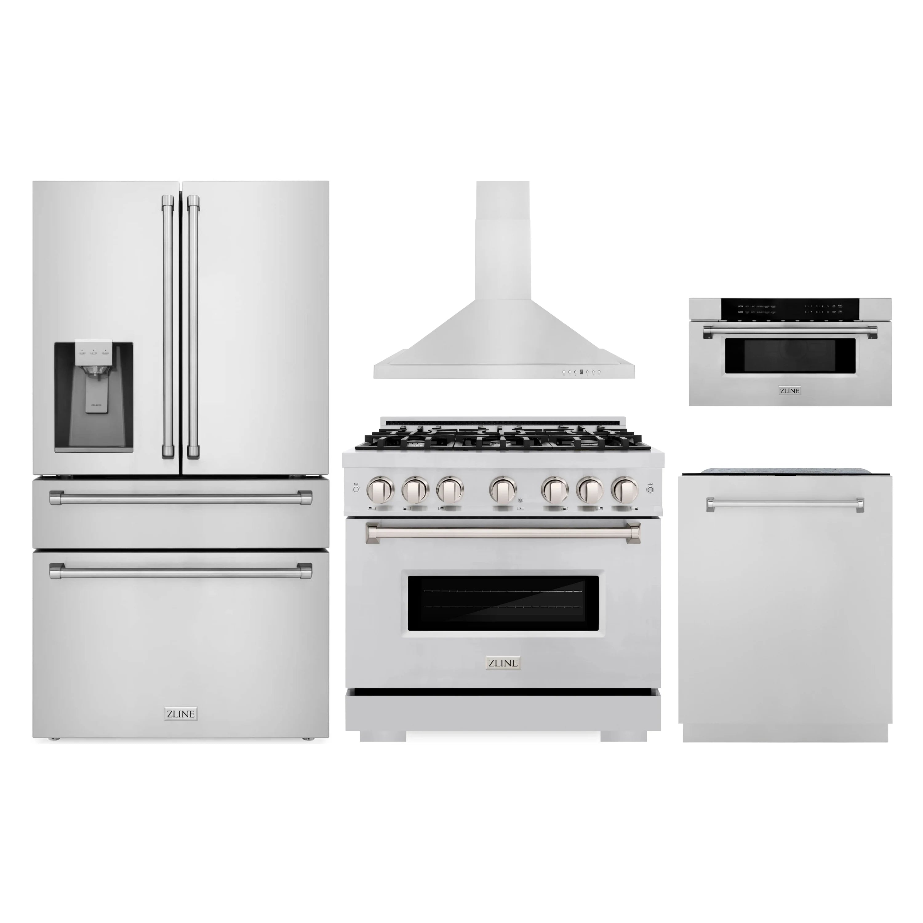 Stainless steel appliance set with refrigerator, range hood, oven range, and dishwasher