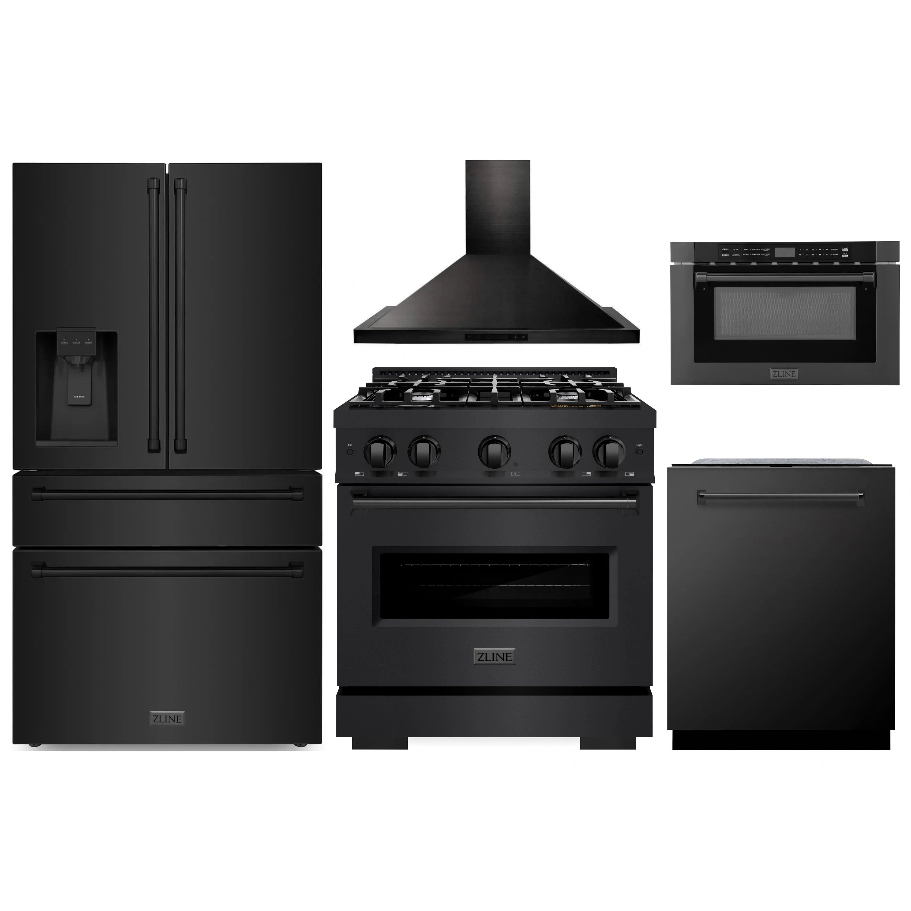Black stainless kitchen appliance set with refrigerator, range, hood, dishwasher, and microwave