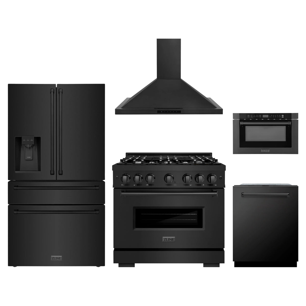 ZLINE 5-Piece Appliance Package - 36-Inch Dual Fuel Range, Hood, Refrigerator with Water Dispenser, Dishwasher, and Microwave Drawer in Black Stainless Steel