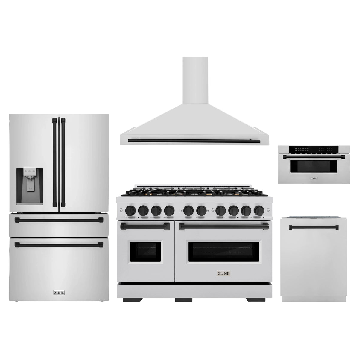 ZLINE 5-Piece Appliance Package - 48-Inch Autograph Edition Dual Fuel Range, Wall Mount Range Hood, 36-Inch French Door Refrigerator with Water Dispenser, Dishwasher, and 30-Inch Microwave Drawer in Stainless Steel Matte Black Accents