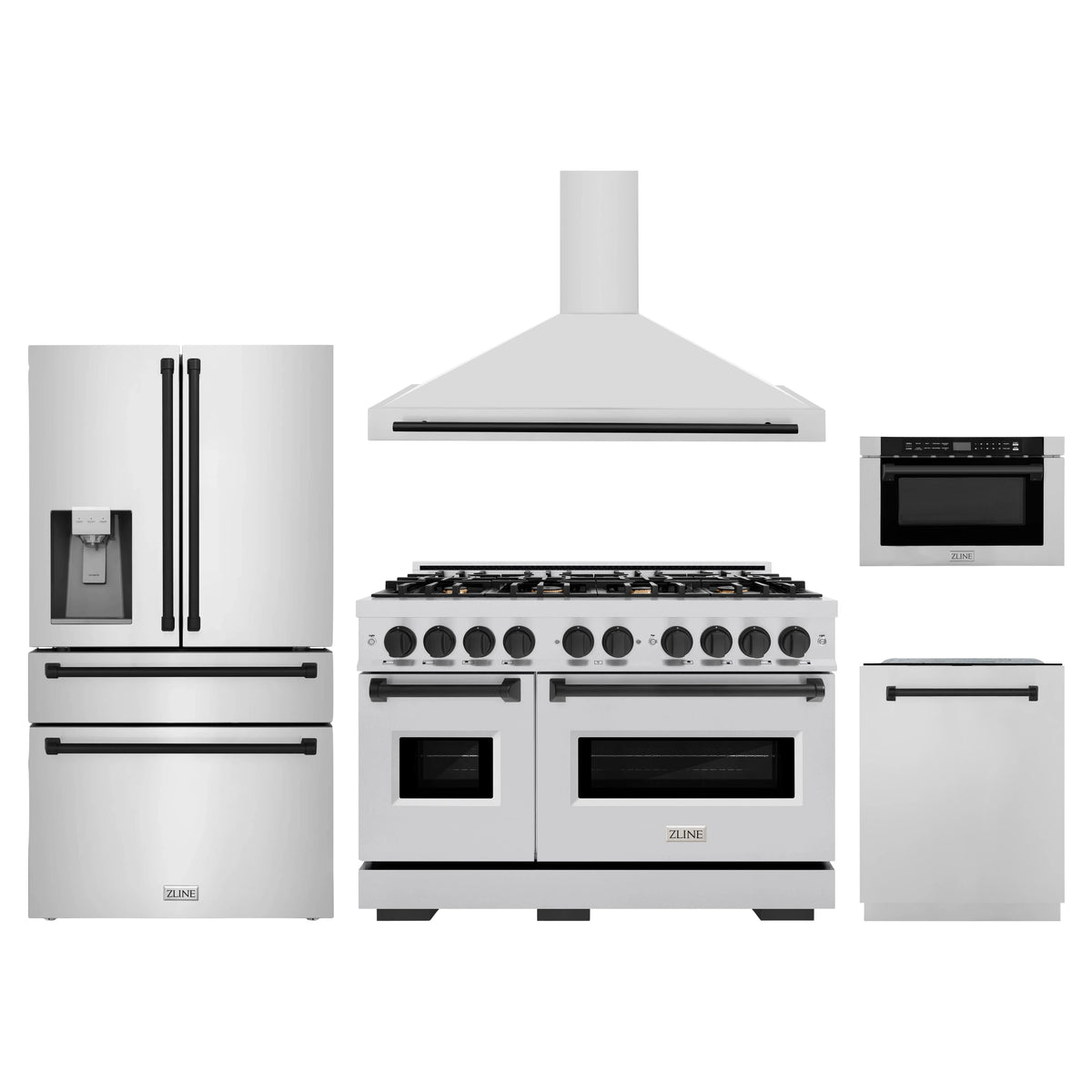 ZLINE 5-Piece Appliance Package - 48-Inch Dual Fuel Range, Hood, Refrigerator with Water Dispenser, Dishwasher, and Microwave Drawer in Stainless Steel with Matte Black Accents