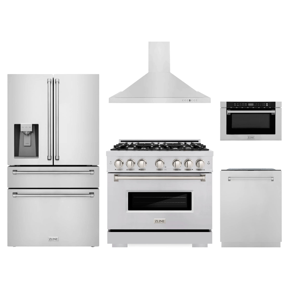 ZLINE 5-Piece Appliance Package - 36-Inch Gas Range, Hood, Refrigerator with Water Dispenser, Dishwasher, and Microwave Drawer in Stainless Steel