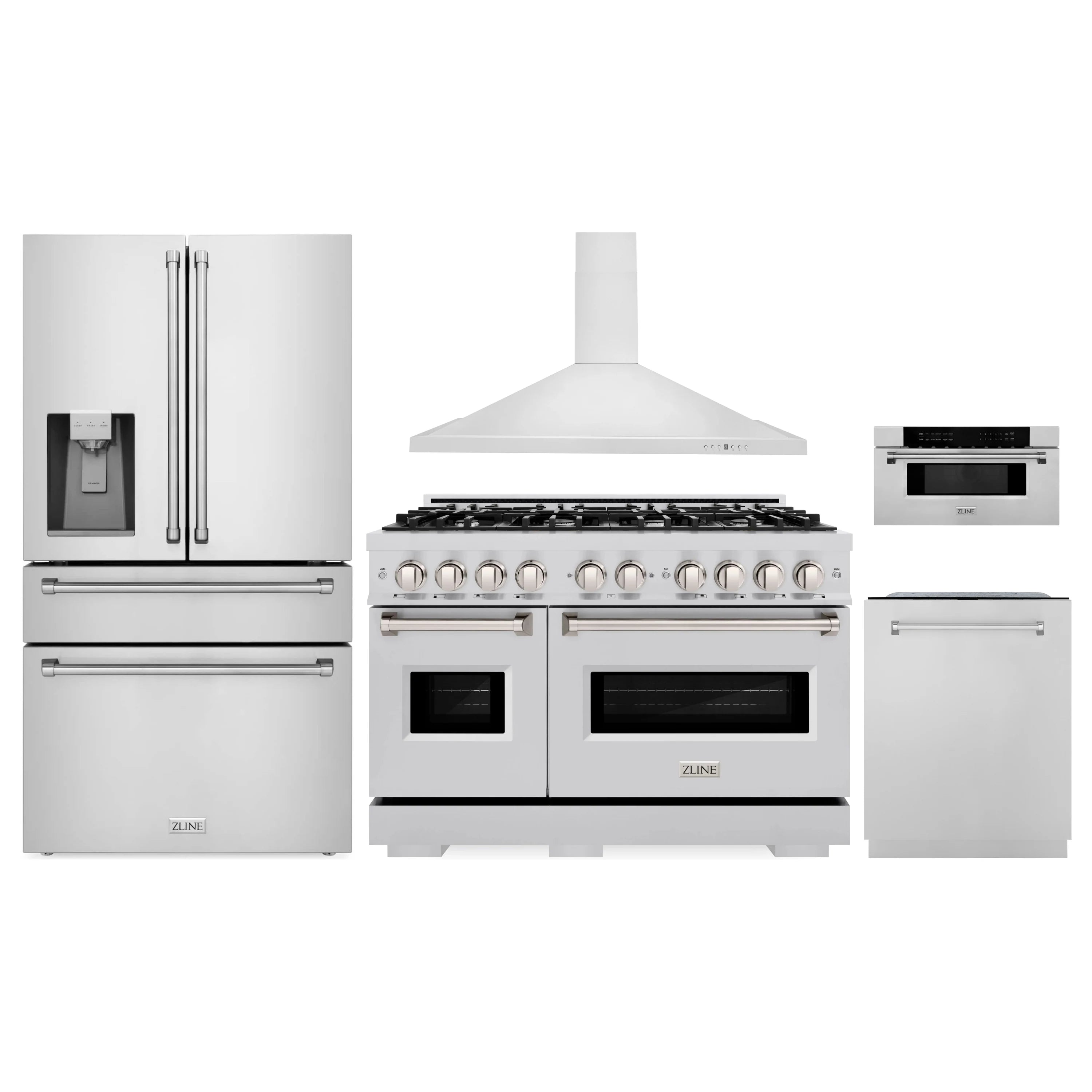 Stainless steel appliance package showing refrigerator, gas range, hood, and drawer microwave