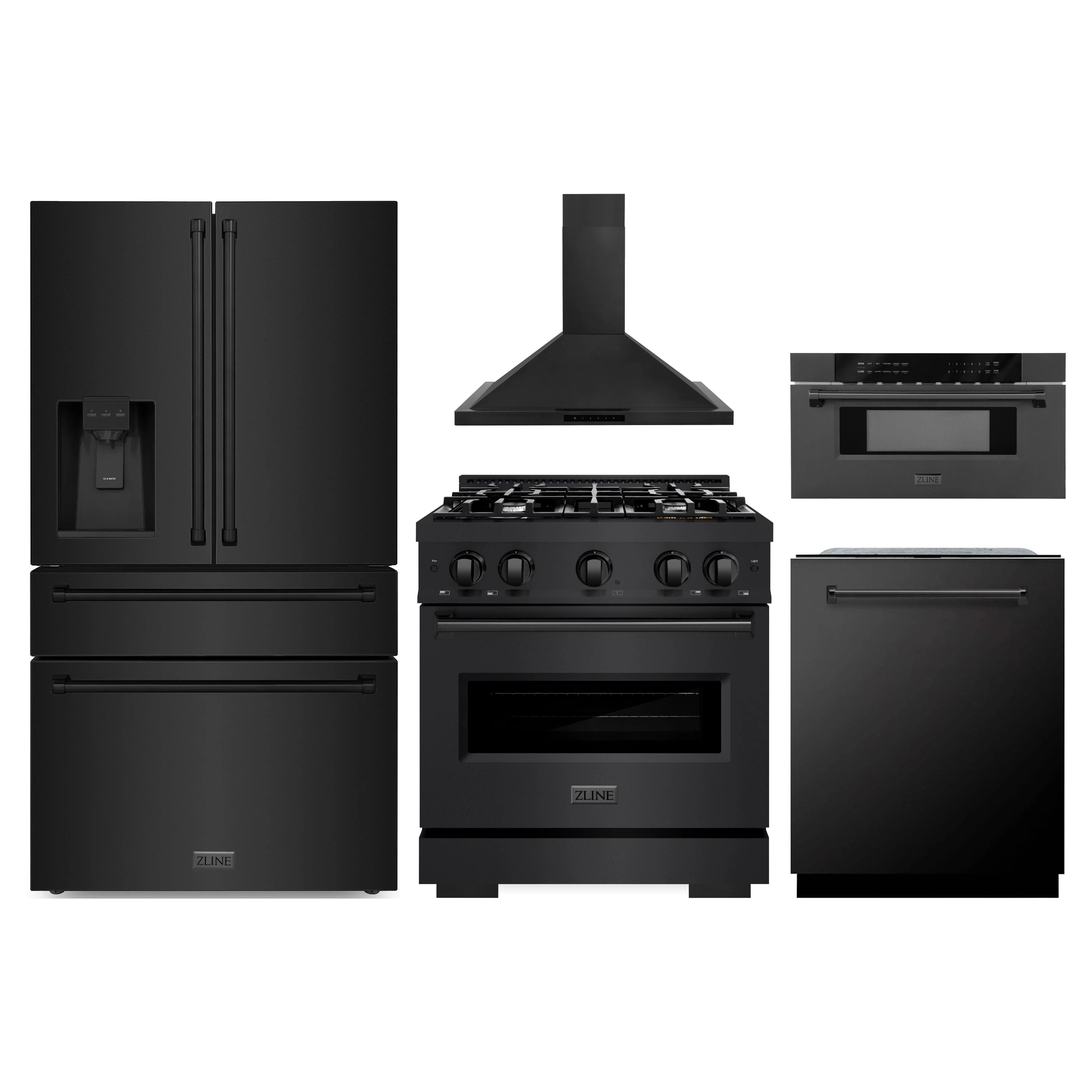 Black stainless steel kitchen appliance set with refrigerator, range, hood, and microwave