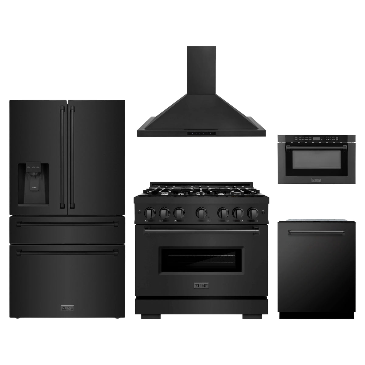 ZLINE 5-Piece Appliance Package - 36-Inch Gas Range, Hood, Refrigerator with Water Dispenser, Dishwasher, and Microwave Drawer in Black Stainless Steel