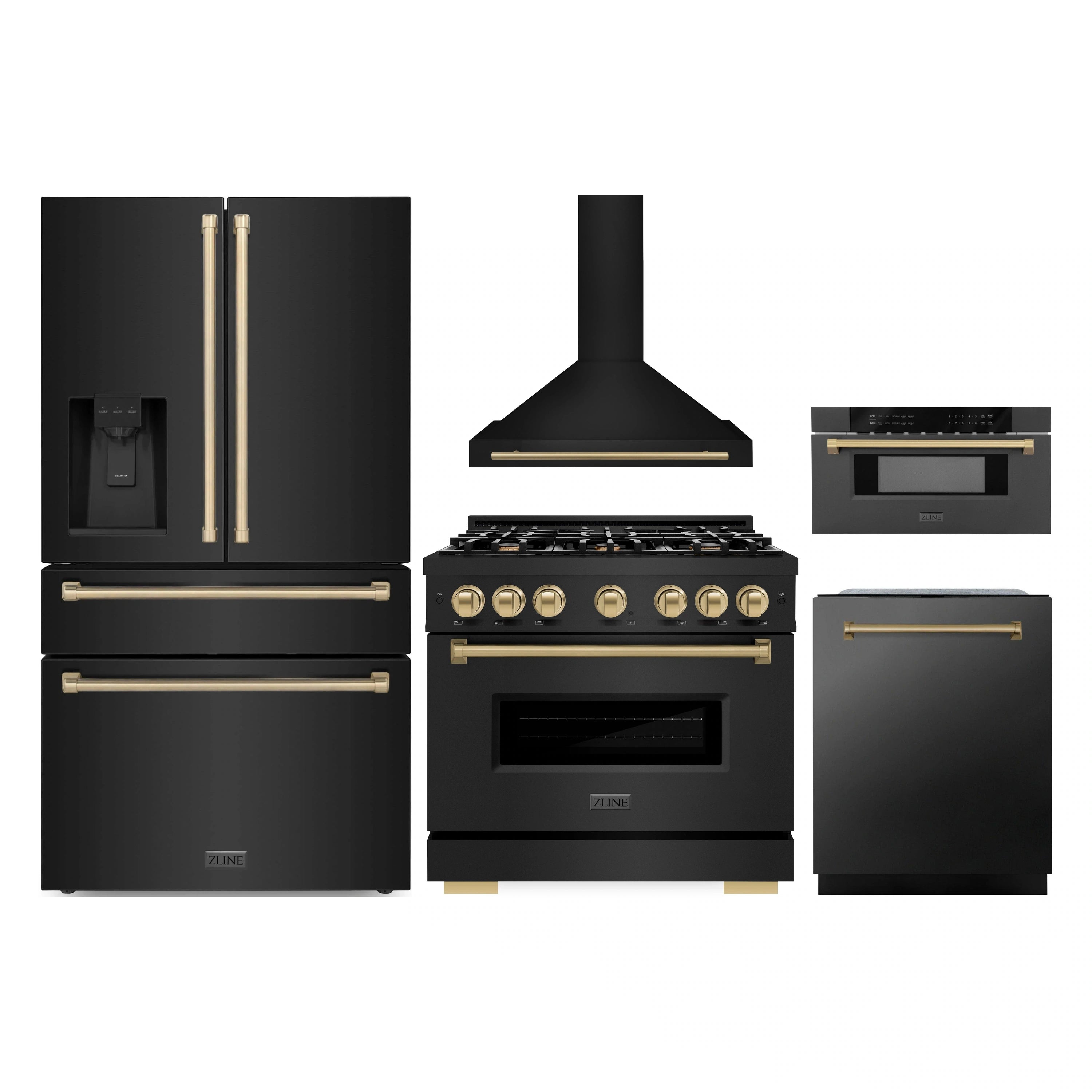 Black stainless appliance bundle with champagne bronze handles and control panels