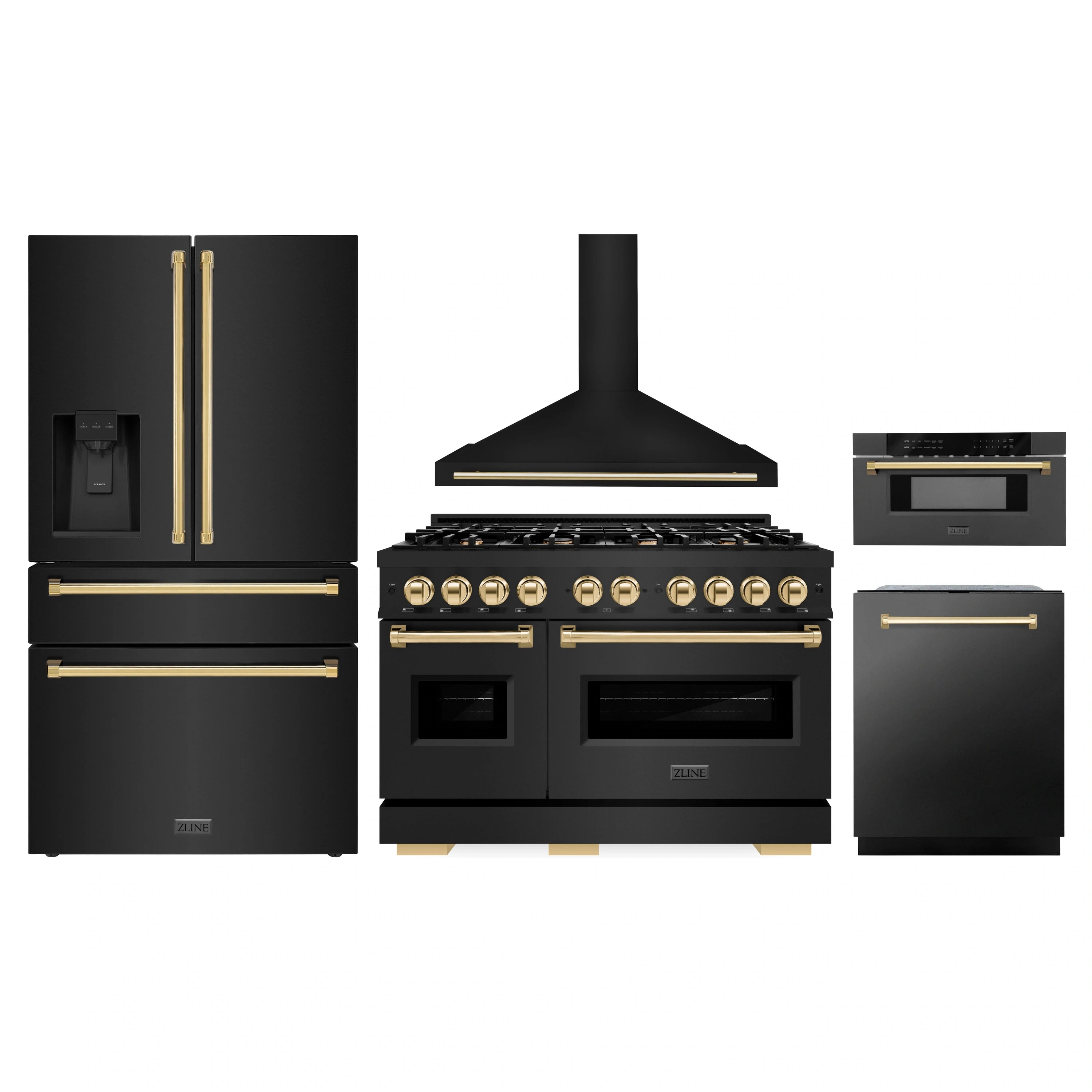 Black stainless kitchen appliance set with gold accents, including range, hood, fridge, and more