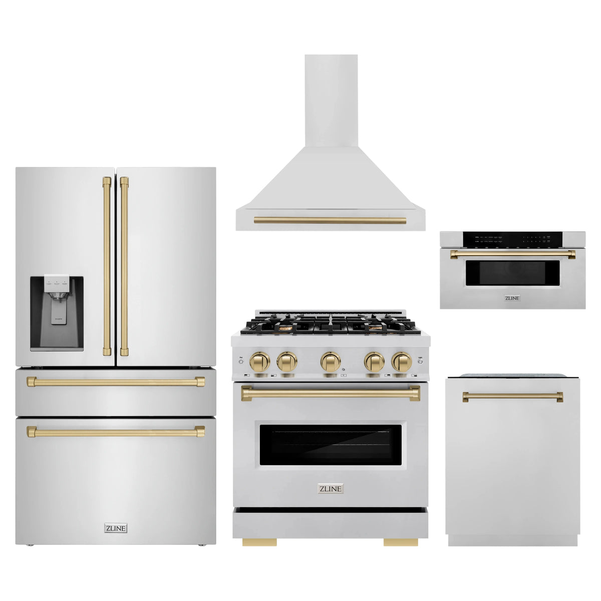 ZLINE 5-Piece Appliance Package - 30-Inch Autograph Edition Gas Range, Wall Mount Range Hood, 36-Inch French Door Refrigerator with Water Dispenser, Dishwasher, and 30-Inch Microwave Drawer in Stainless Steel with Champagne Bronze Accents