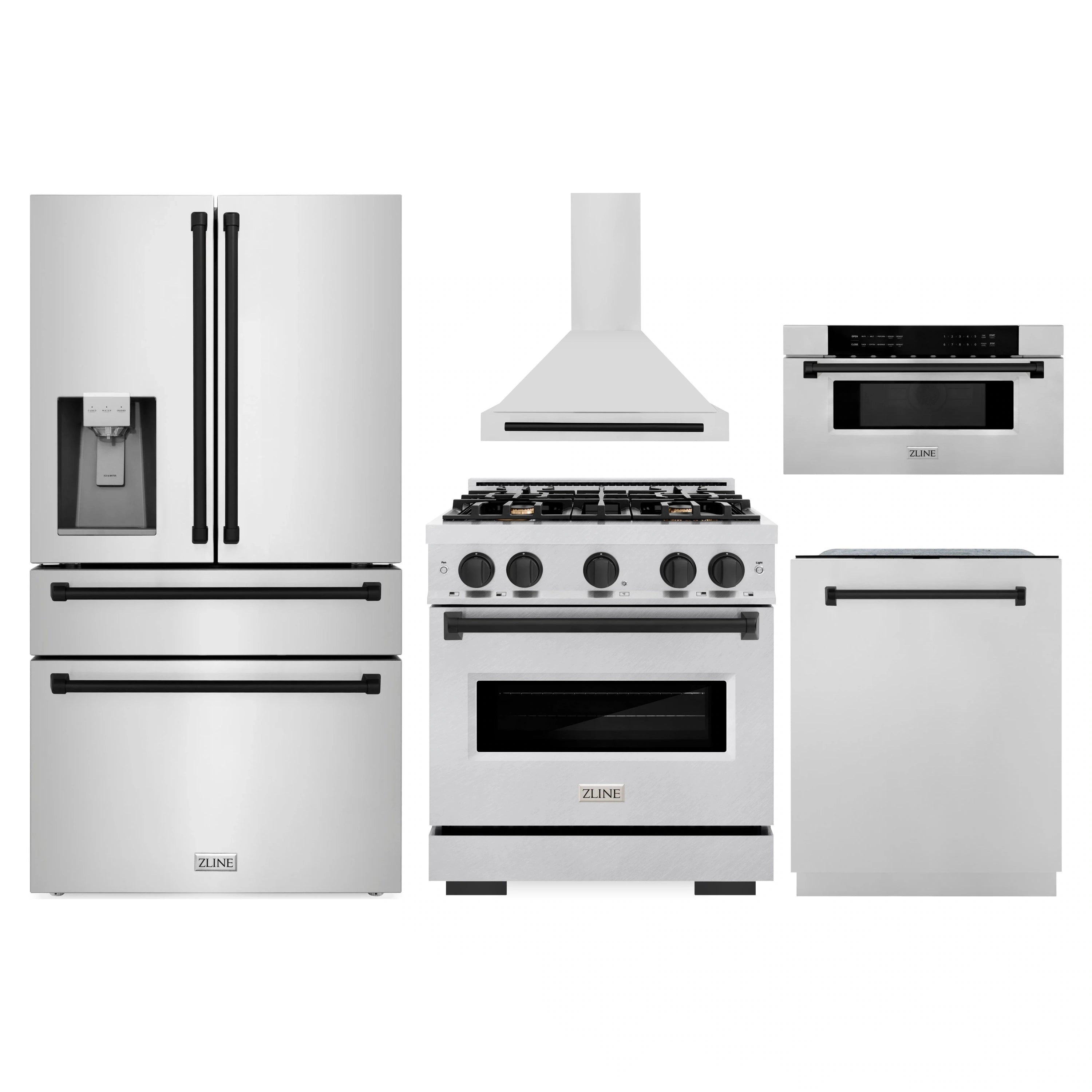 Stainless 5-piece appliance set: gas range, hood, microwave drawer, fridge, dishwasher