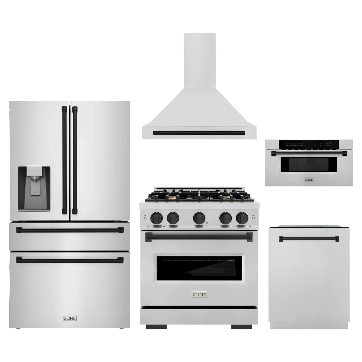 ZLINE 5-Piece Appliance Package - 30-Inch Autograph Edition Gas Range, Wall Mount Range Hood, 36-Inch French Door Refrigerator with Water Dispenser, Dishwasher, and 30-Inch Microwave Drawer in Stainless Steel Matte Black Accents