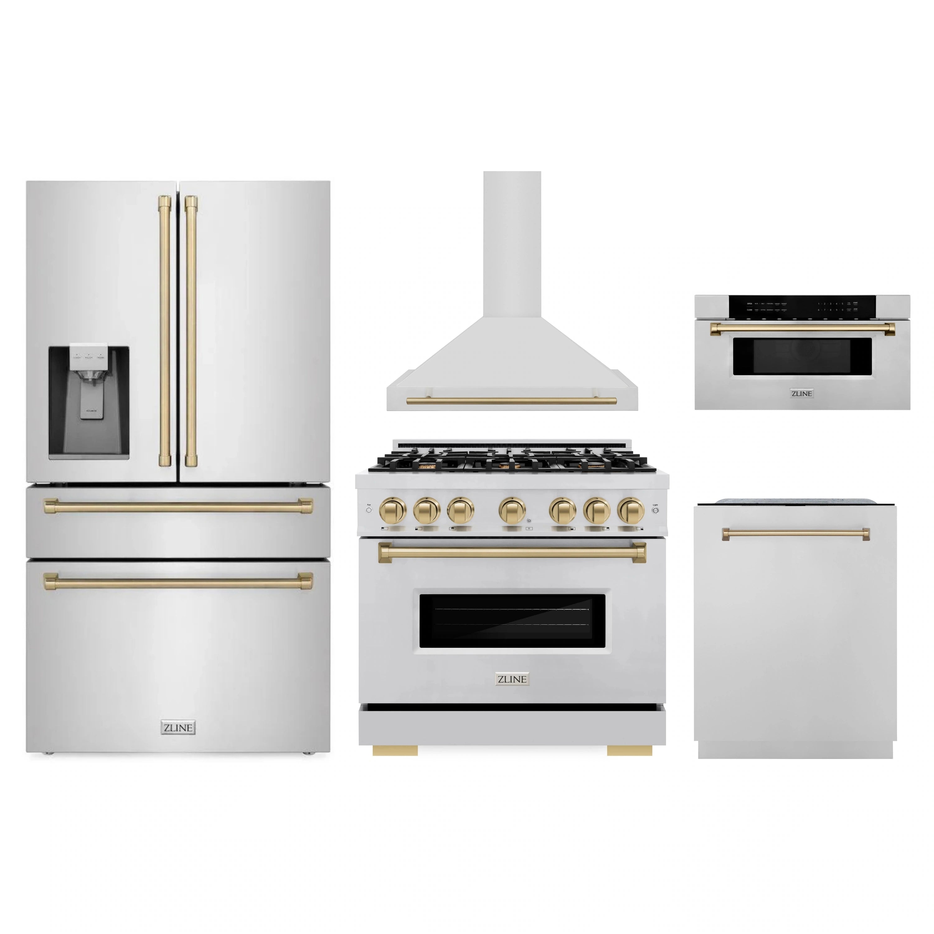 Appliance package lineup: refrigerator, gas range, microwave and hood with bronze accents