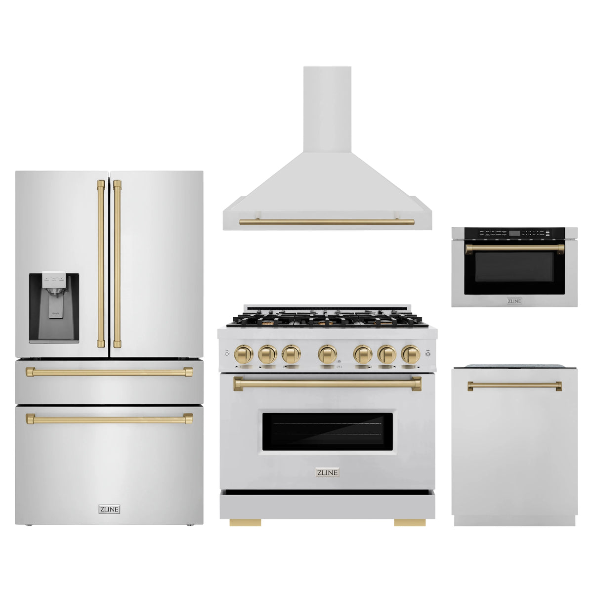 ZLINE 5-Piece Appliance Package - 36-Inch Gas Range, Hood, Refrigerator with Water Dispenser, Dishwasher, and Microwave Drawer in Stainless Steel with Champagne Bronze Accents
