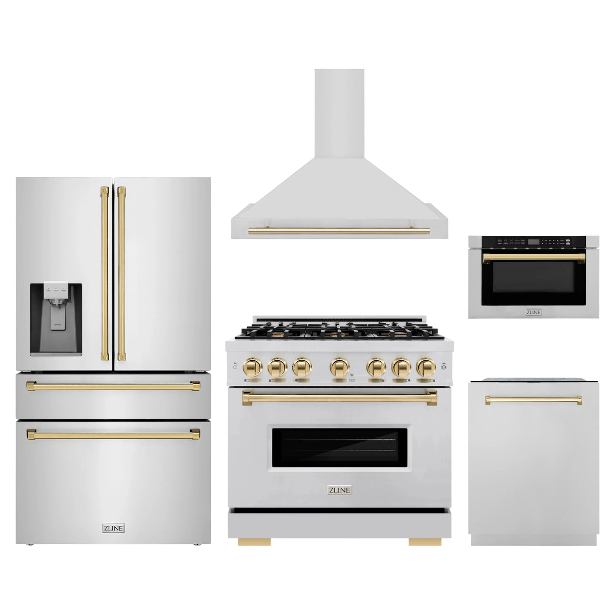 ZLINE 5-Piece Appliance Package - 36-Inch Gas Range, Hood, Refrigerator with Water Dispenser, Dishwasher, and Microwave Drawer in Stainless Steel with Gold Accents